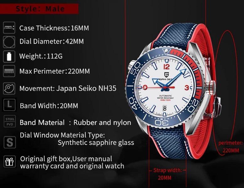 Reloj Hombre PAGANI SEAMASTER SPORT BLUE Maquinaria Automática Acero Quirúrgico Cristal de Zafiro-2