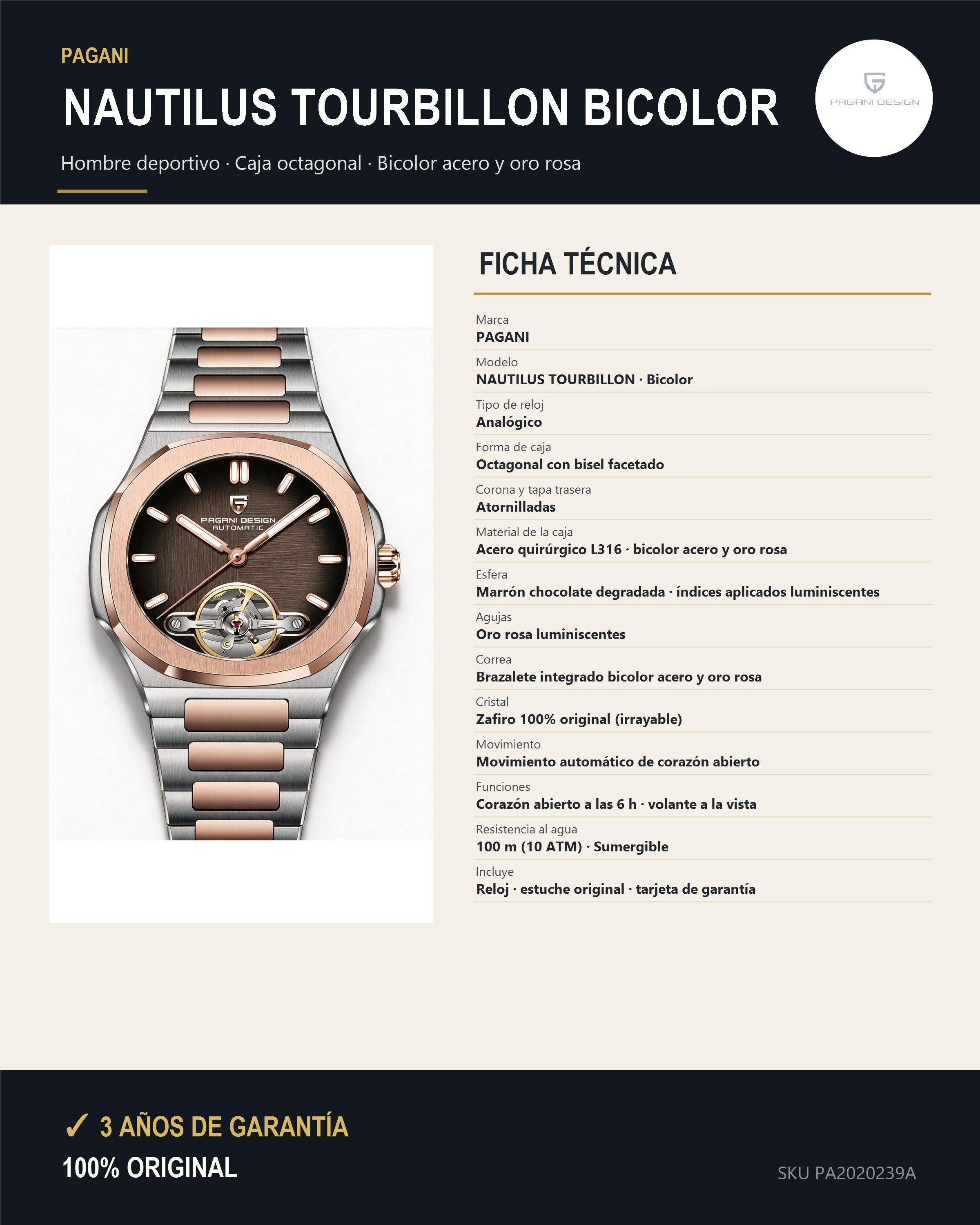 Reloj Hombre PAGANI NAUTILUS TOURBILLON Automático Corazón Abierto Bicolor, Sumergible 100m-4