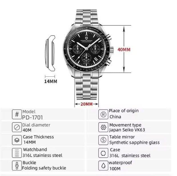 Reloj Hombre PAGANI "SPEEDMASTER" Black Cristal de Zafiro-Ceramica-3