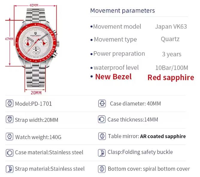 Reloj Hombre PAGANI "SPEEDMASTER" RED Cristal de Zafiro-Cerámica-4