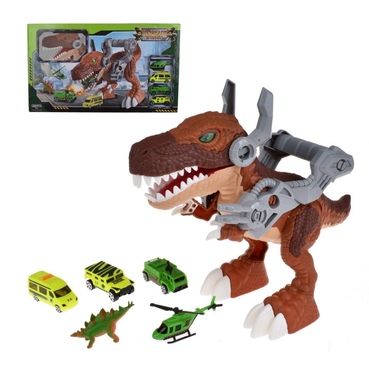 Playset Dinosaurio En La Ciudad Con 4 Vehiculos Y Accesorios-0