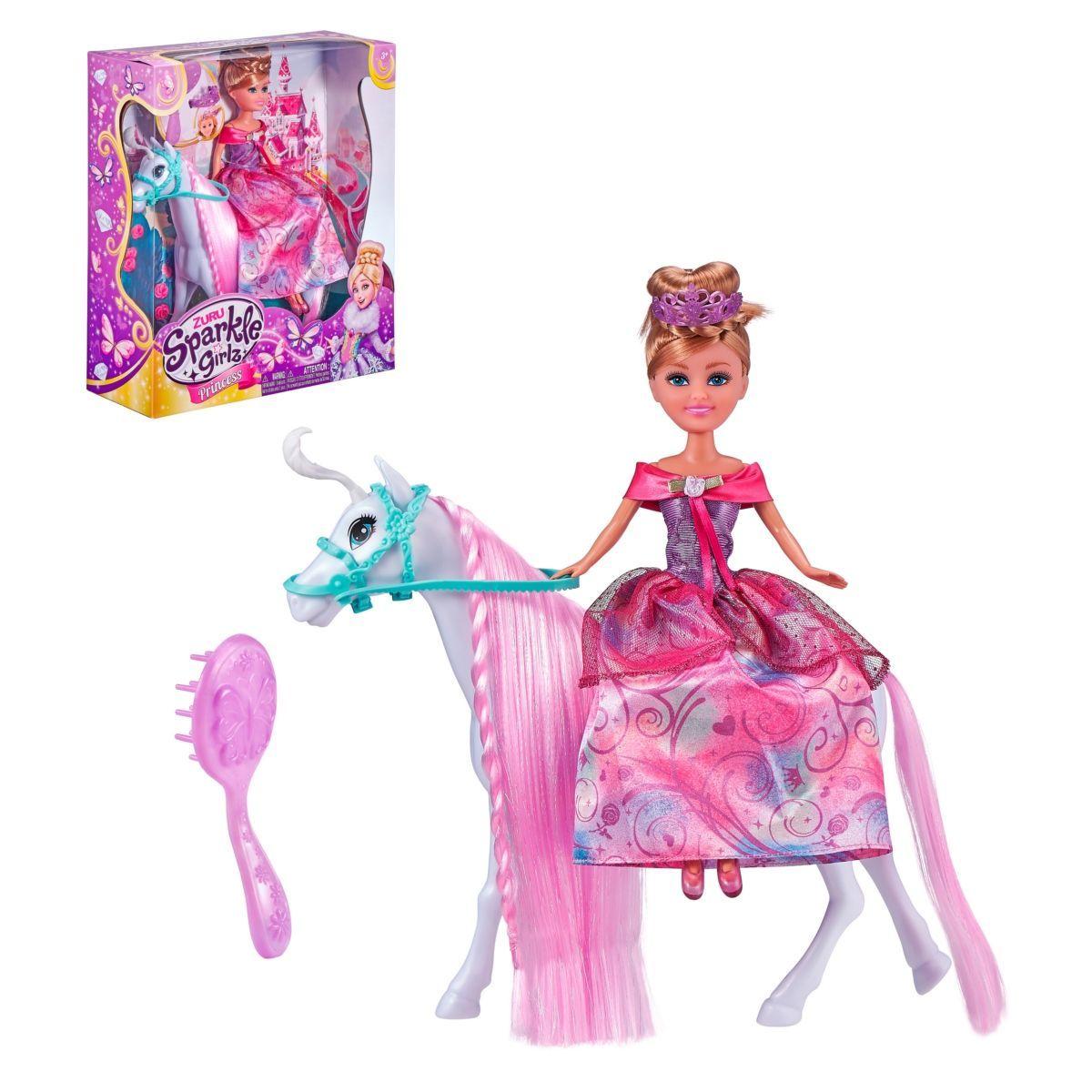 Muñeca Princesa De 27 Cms Con Caballo Unicornio Sparkle Girlz-0