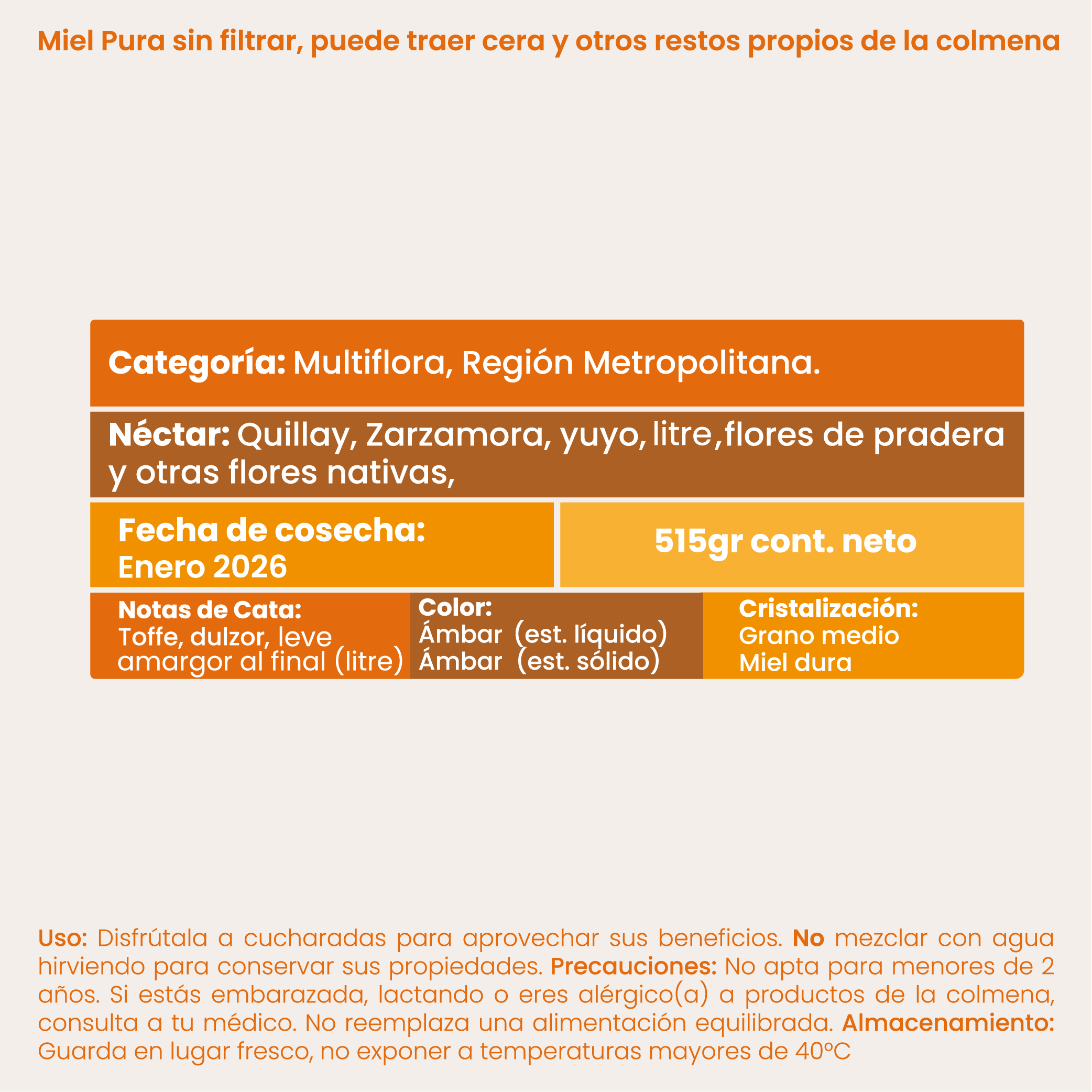 Pack 3 Mieles Multiflora Valle del Maipo 515 g c/u Apihuel Colmenares-2