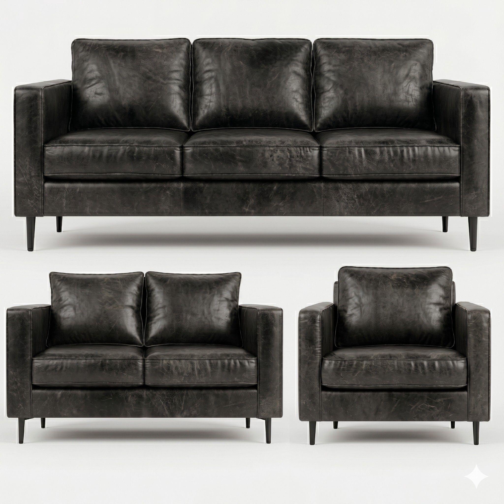 Juego de living 321 Menphis negro en cuero sintetico envejecido producto con resortes pocket-0
