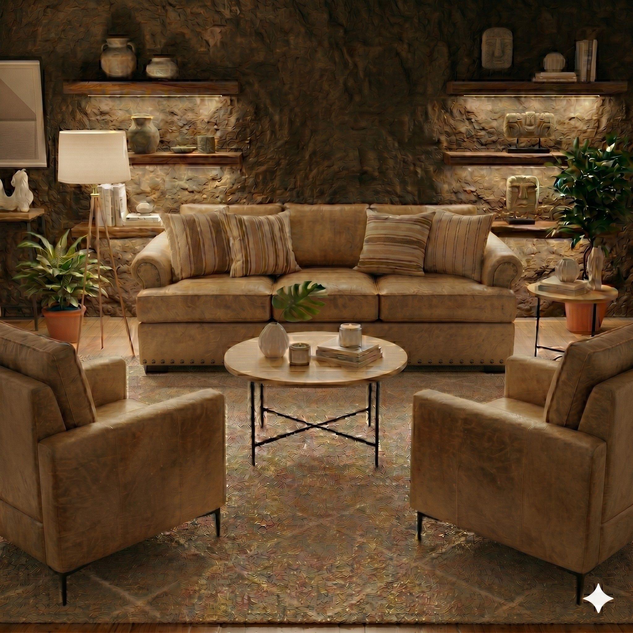 LIVING 311 ARIZONA BEIGE CON RESORTES POCKET TAPIZ CUERO SINTETICO ENVEJECIDO  + 2 POLTRONAS -0