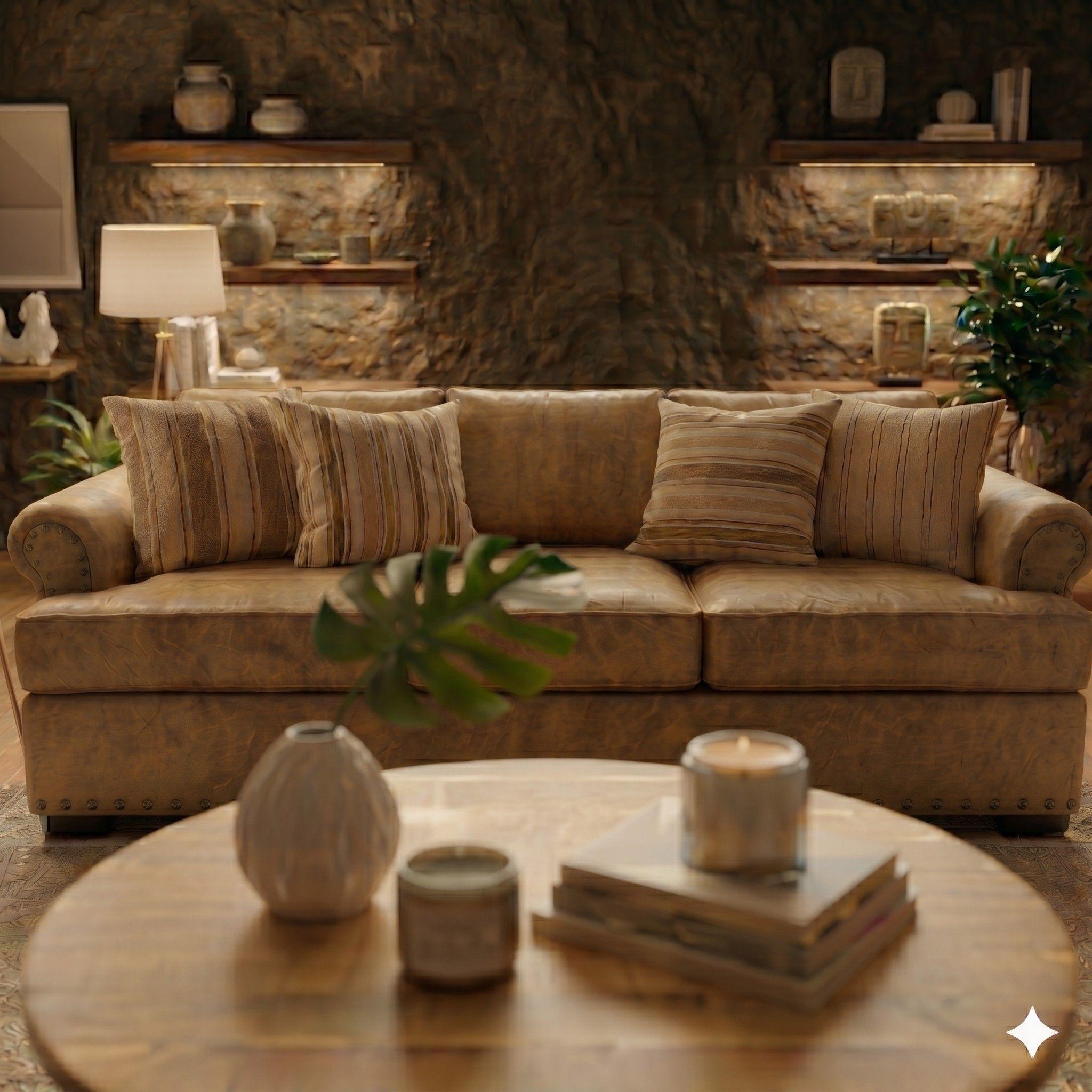 LIVING 311 ARIZONA BEIGE CON RESORTES POCKET TAPIZ CUERO SINTETICO ENVEJECIDO  + 2 POLTRONAS -1