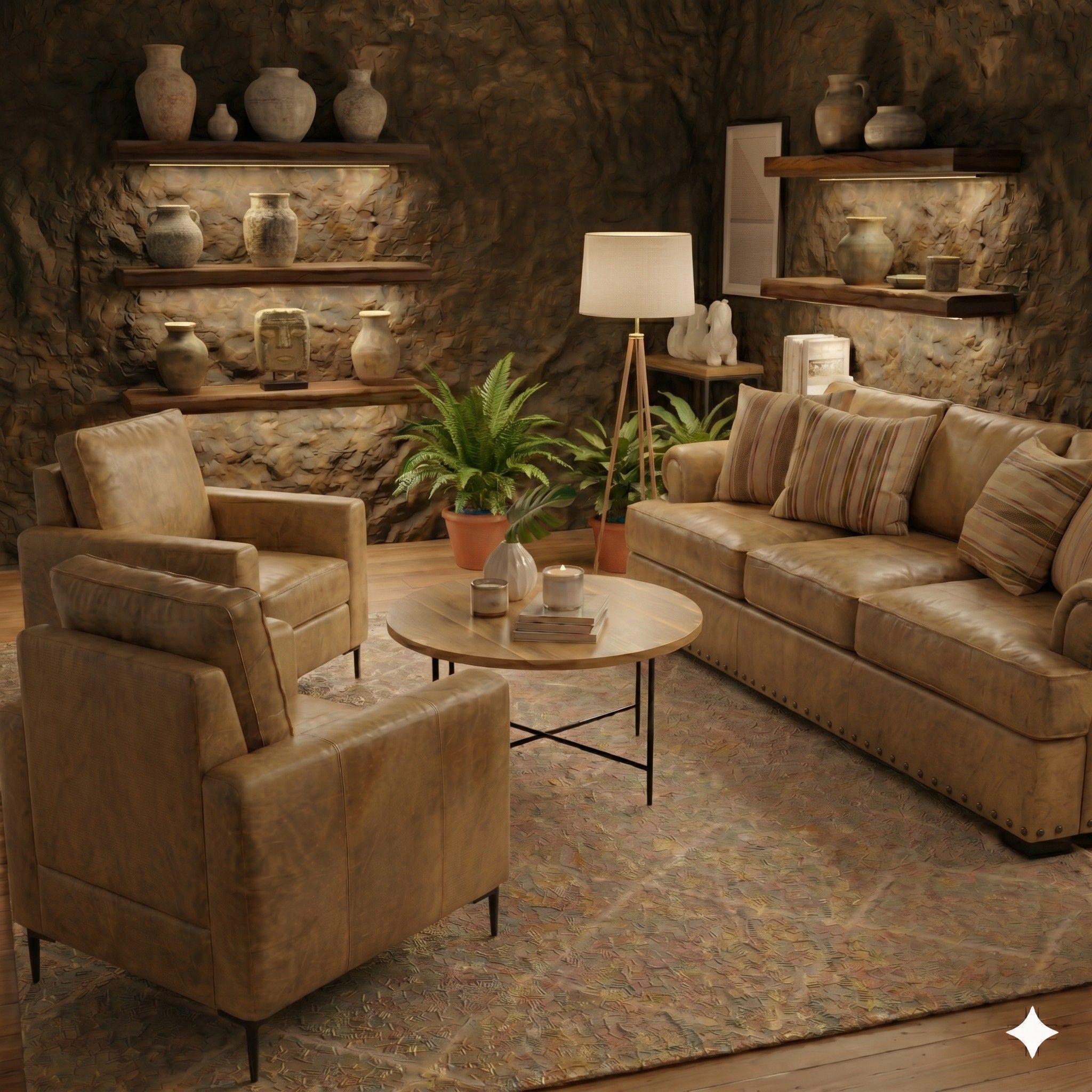 LIVING 311 ARIZONA BEIGE CON RESORTES POCKET TAPIZ CUERO SINTETICO ENVEJECIDO  + 2 POLTRONAS -2