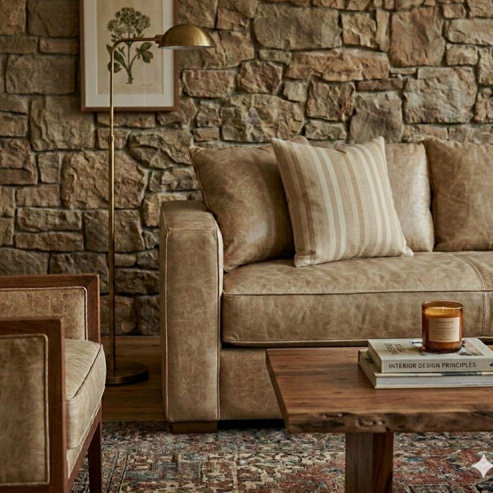 Sofa Seccional Burton Beige de cuero sintetico envejecido con asientos de resortes pocket-2