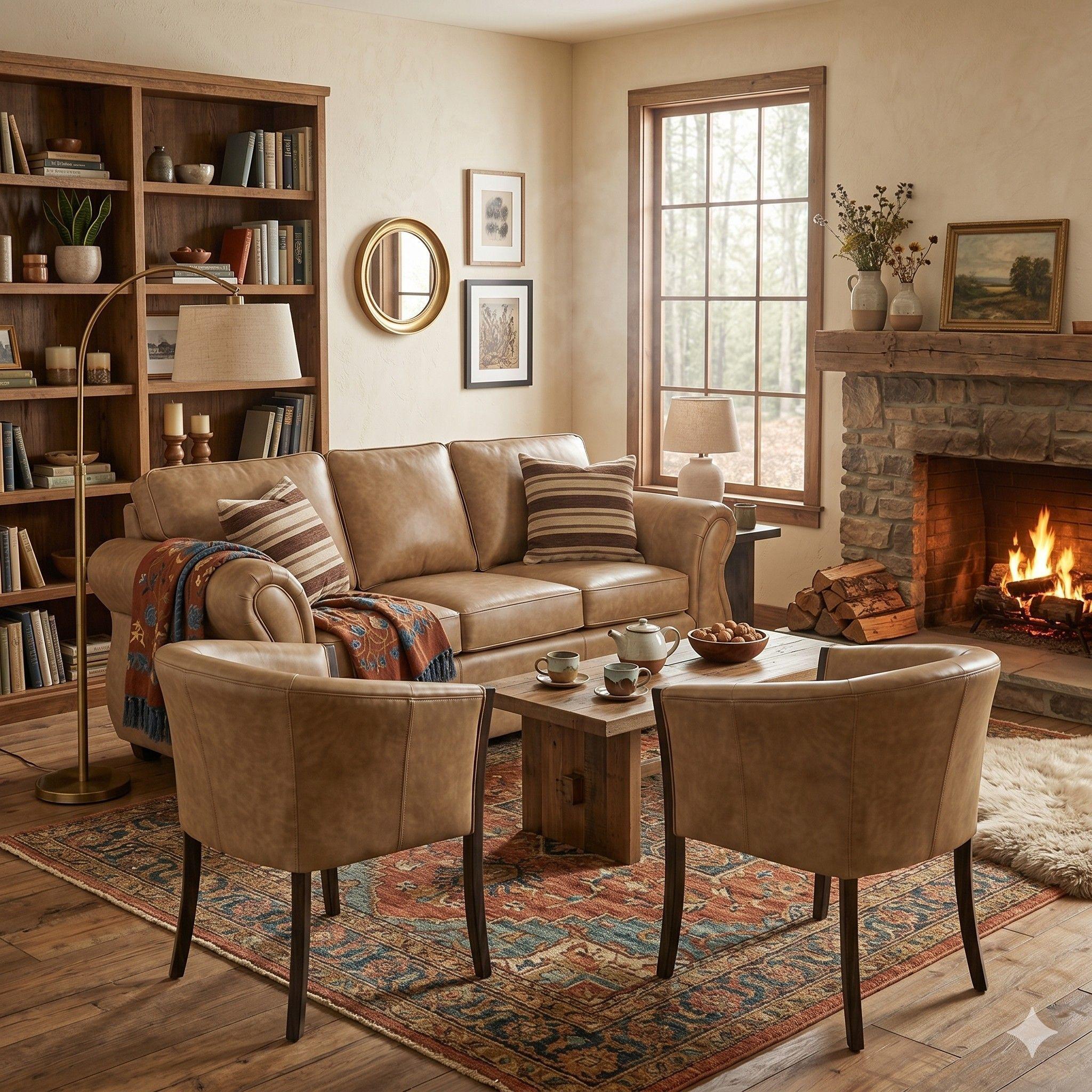 LIVING 311 ILLINOIS BEIGE CUERO SINTETICO ENVEJECIDO , SOFA 3 CUERPOS + 2 SITIALES DE MADERA -0