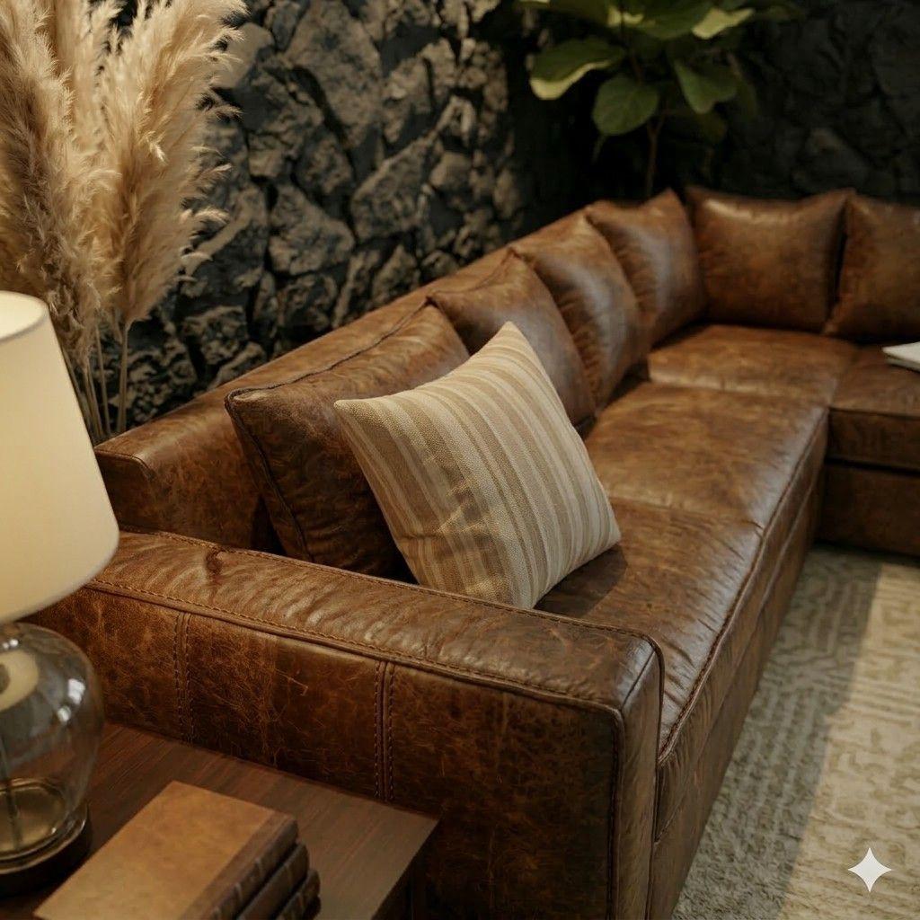 SOFA SECCIONAL BURTON CAFE DE CUERO SINTETICO ENVEJECIDO CON ASIENTOS DE RESORTES POCKET-2