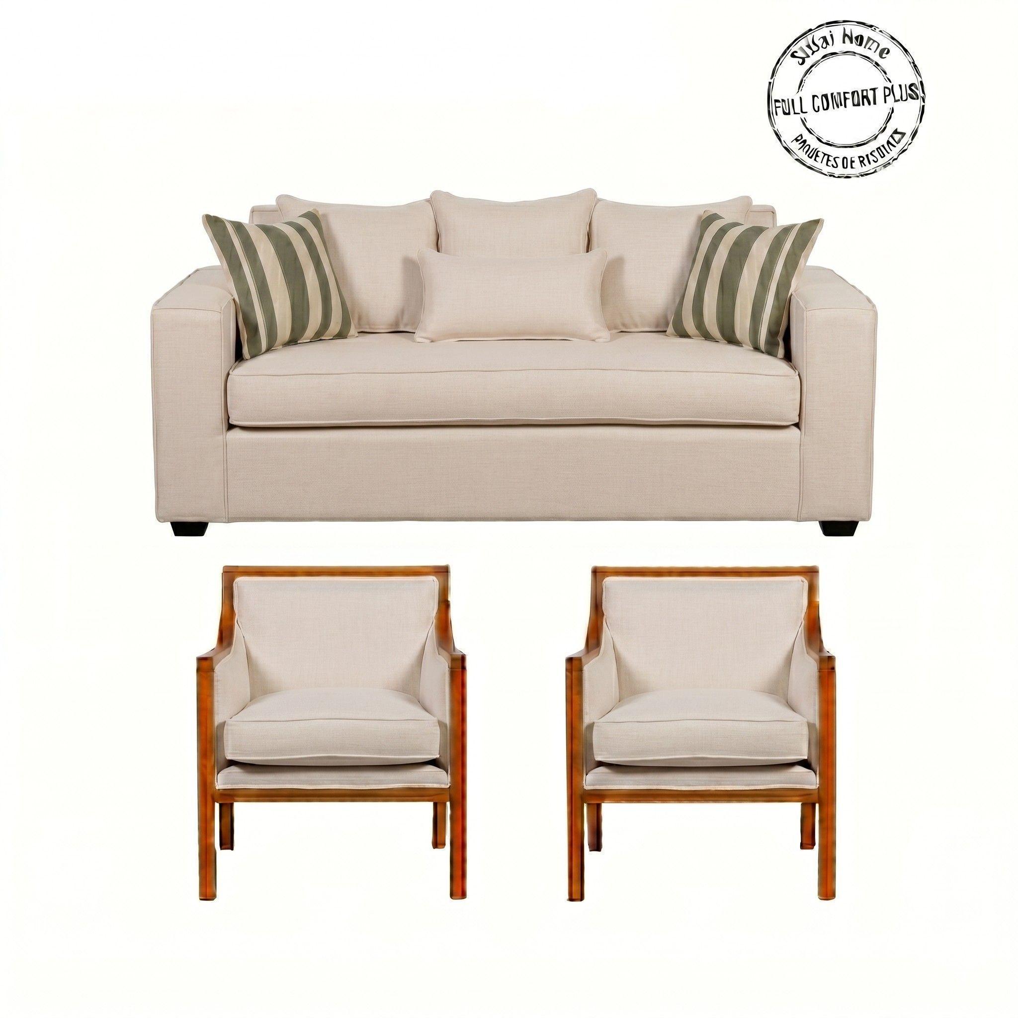 Living 311 Europa Beige sofa 3 cuerpos con resortes + 2 sitiales de madera -1