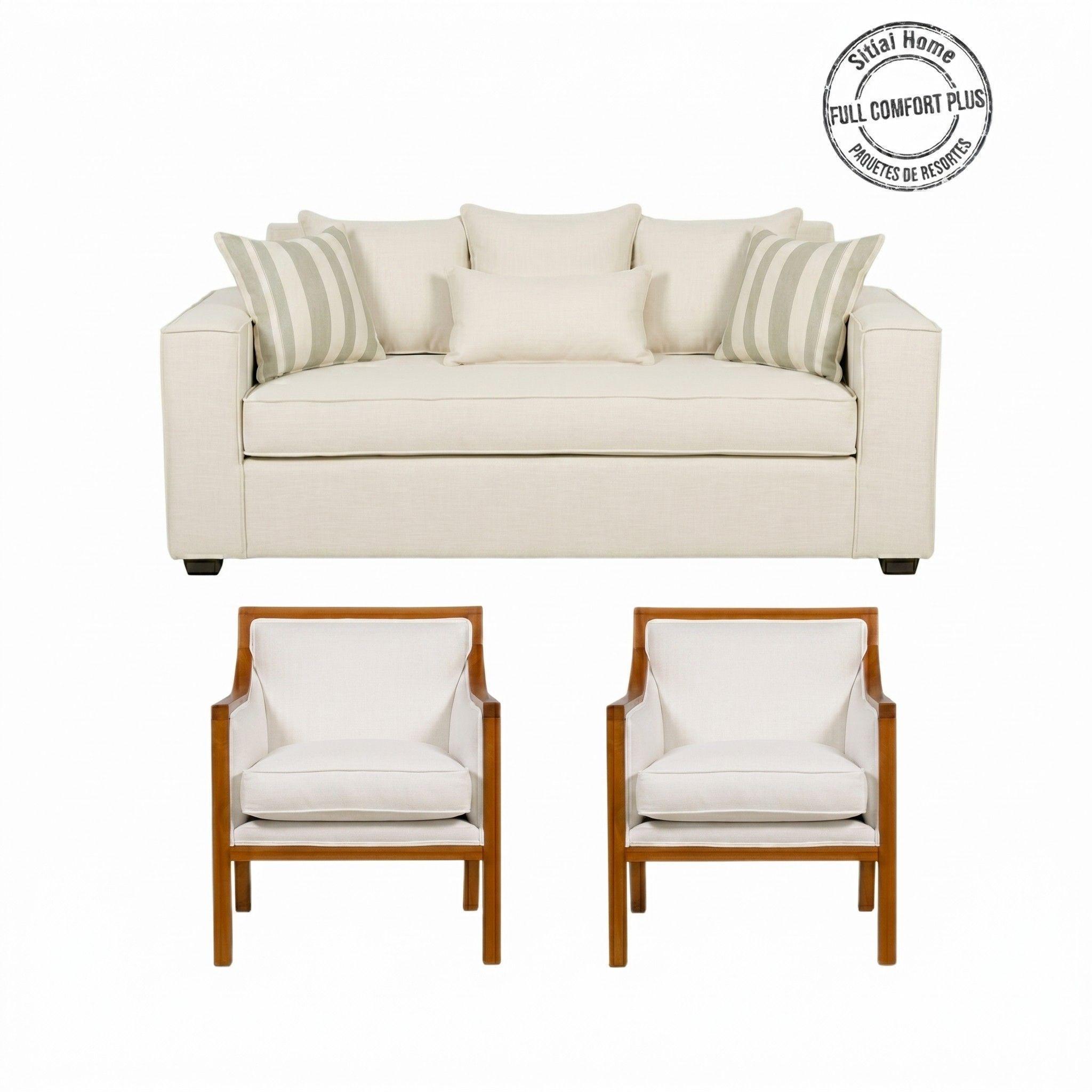 Living 311 Europa Blanco sofa 3 cuerpos con resortes +  2 sitiales de madera -1