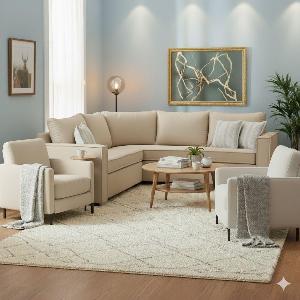 Living  311 Matilda beige claro seccional y 2 poltronas con resortes  -0