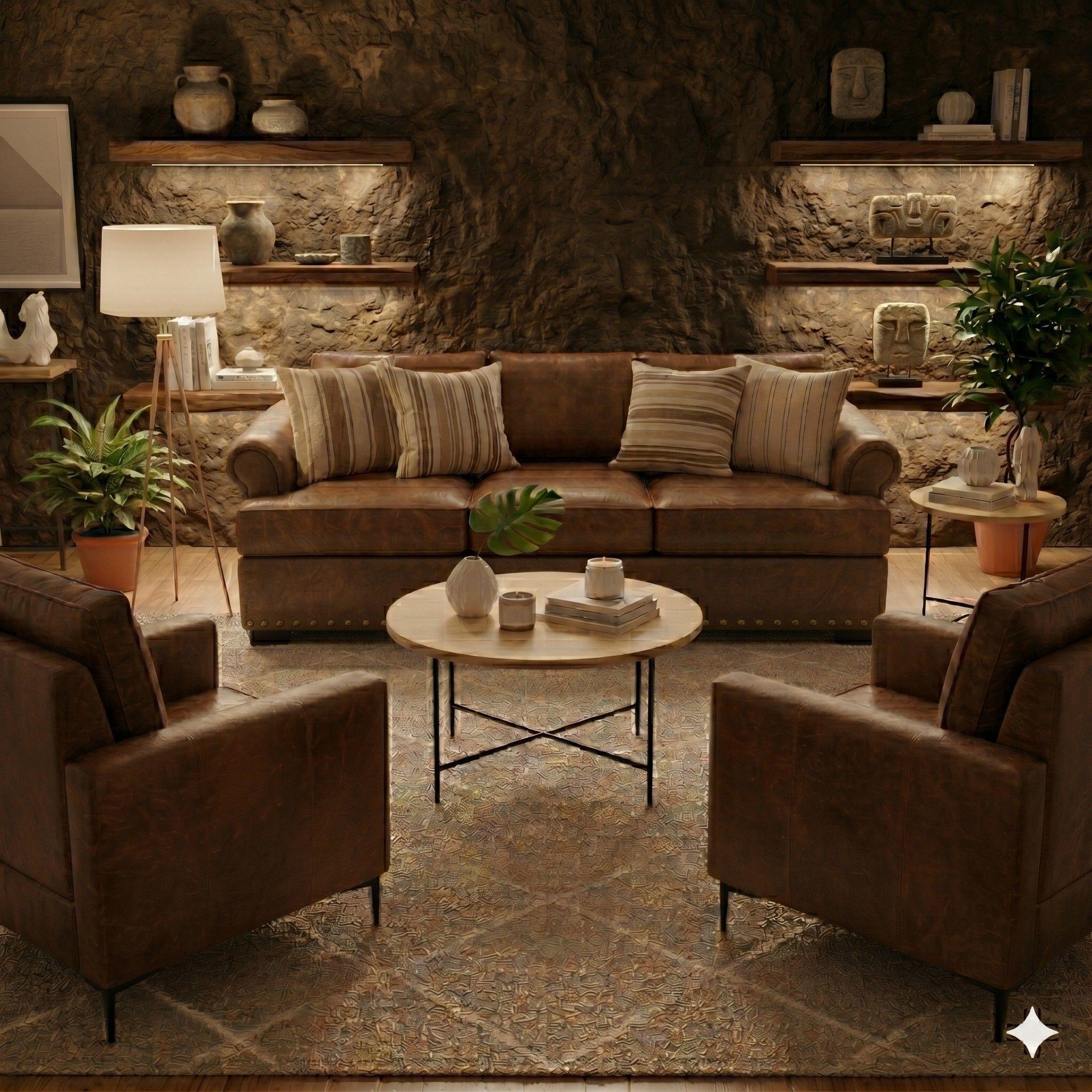 LIVING 311 ARIZONA CAFE CON RESORTES POCKET TAPIZ CUERO SINTETICO ENVEJECIDO + 2 POLTRONAS-0