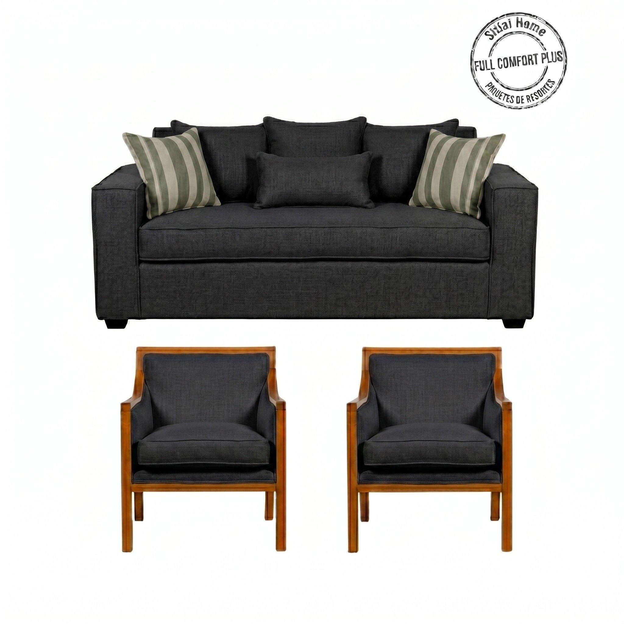 Living 311 Europa Marengo sofa 3 suerpos con resortes + 2 sitiales de madera -1