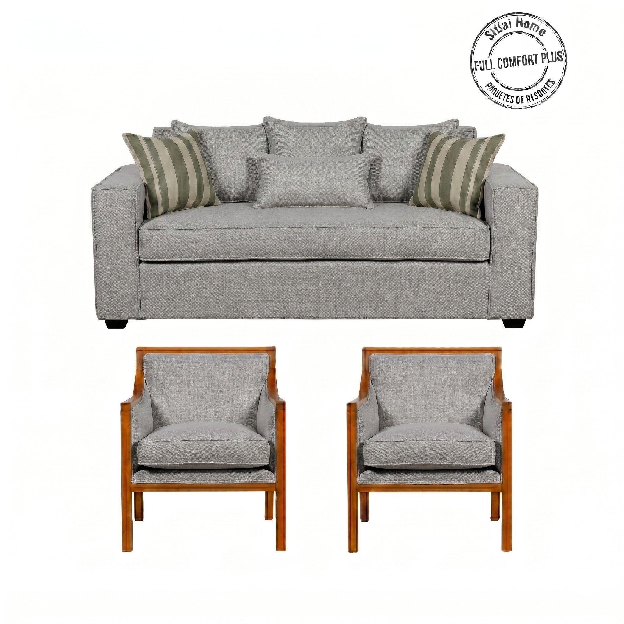 LIVING 311 EUROPA GRIS SOFA 3 CUERPOS CON RESORTES + 2 SITIALES 2 DE MADERA-1