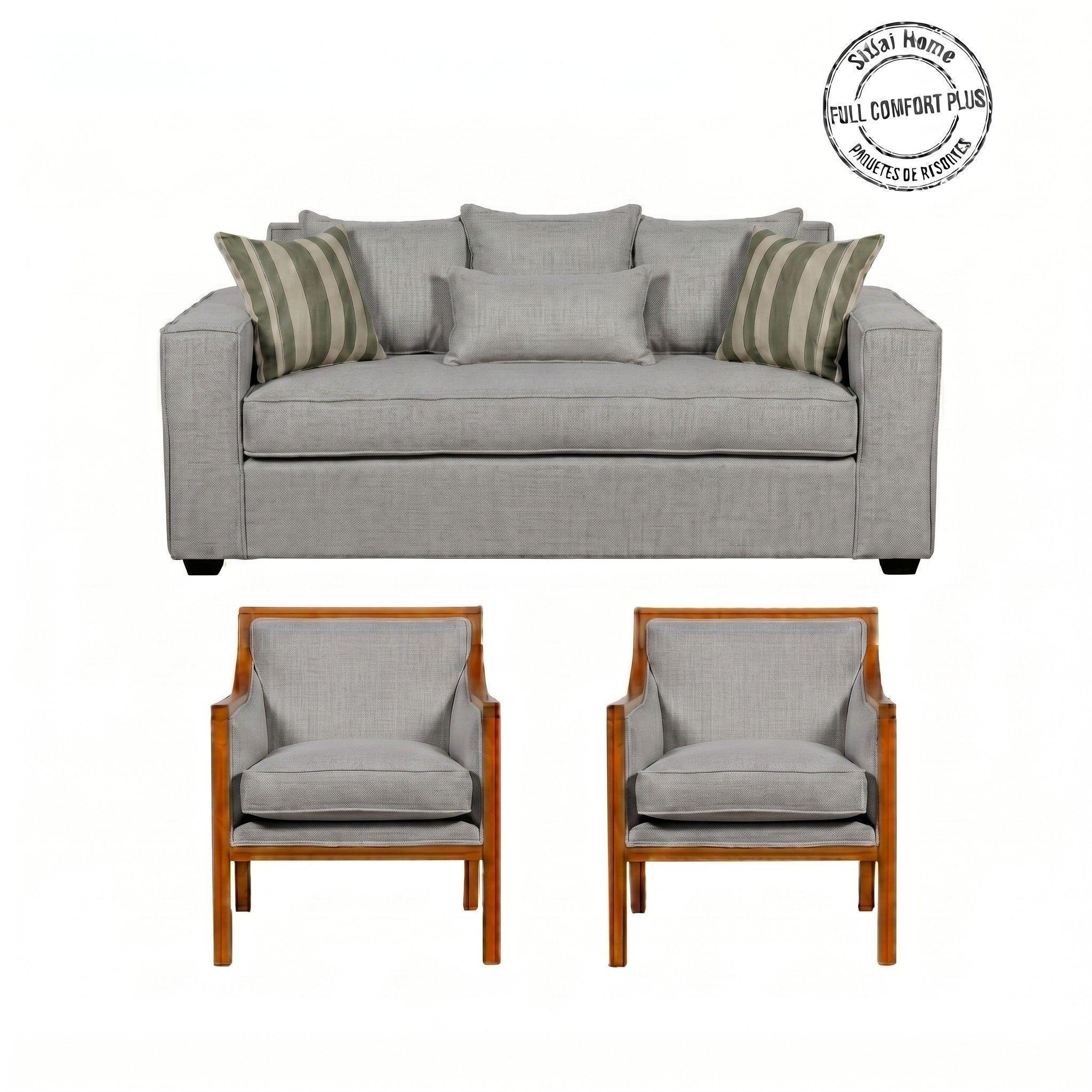 Living 311 Europa Gris claro sofa 3 cuerpos con resortes + 2 sitiales de madera -1