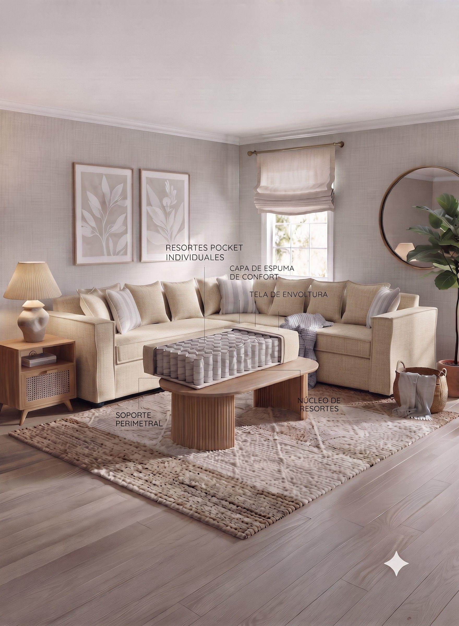 Seccional 6 Cuerpos Baco Beige Resorte Pocket  -2