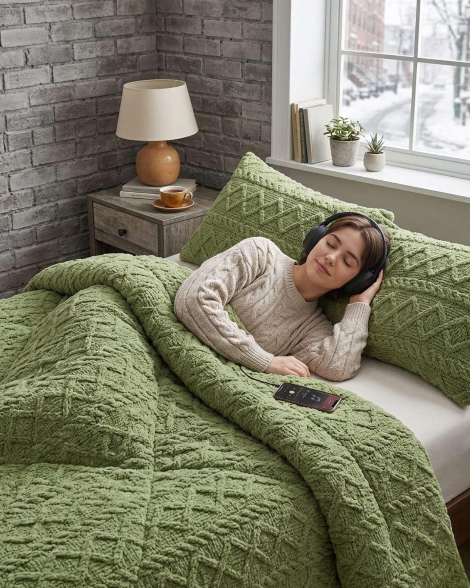 Plumón Térmico Trenzas de Terciopelo 2 plazas verde-4