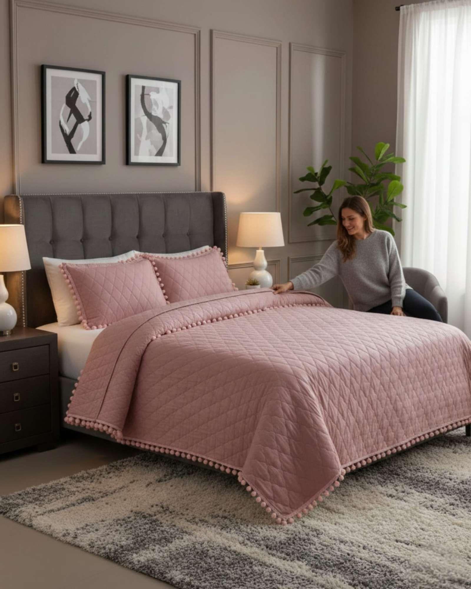 Cobertores de Verano-Primavera con Diseño de Pompon (2 plazas) morado-4