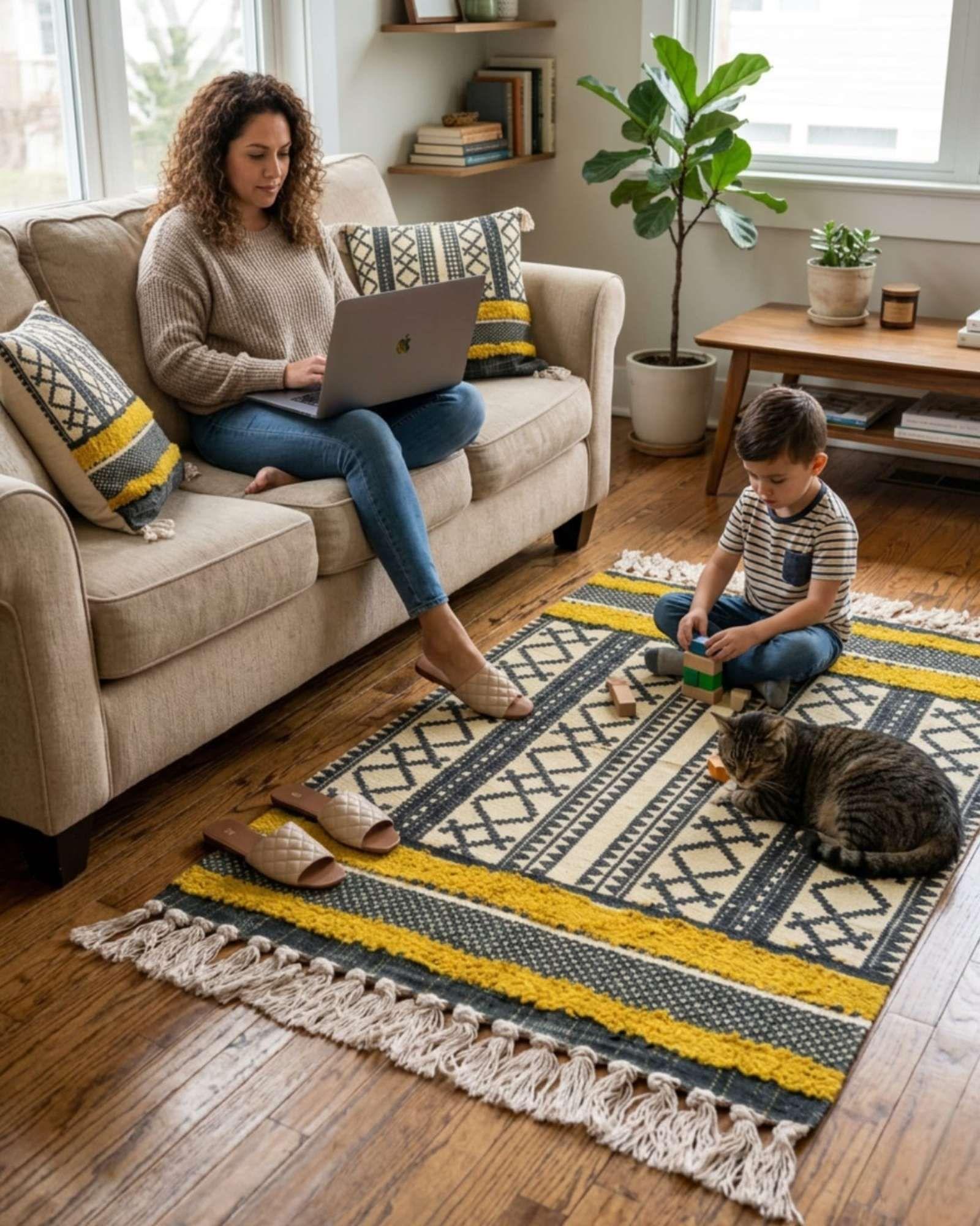 Pack Alfombra 60x90 cm + 2 Fundas de Cojín con Bordado Tufting y Flecos A3-2