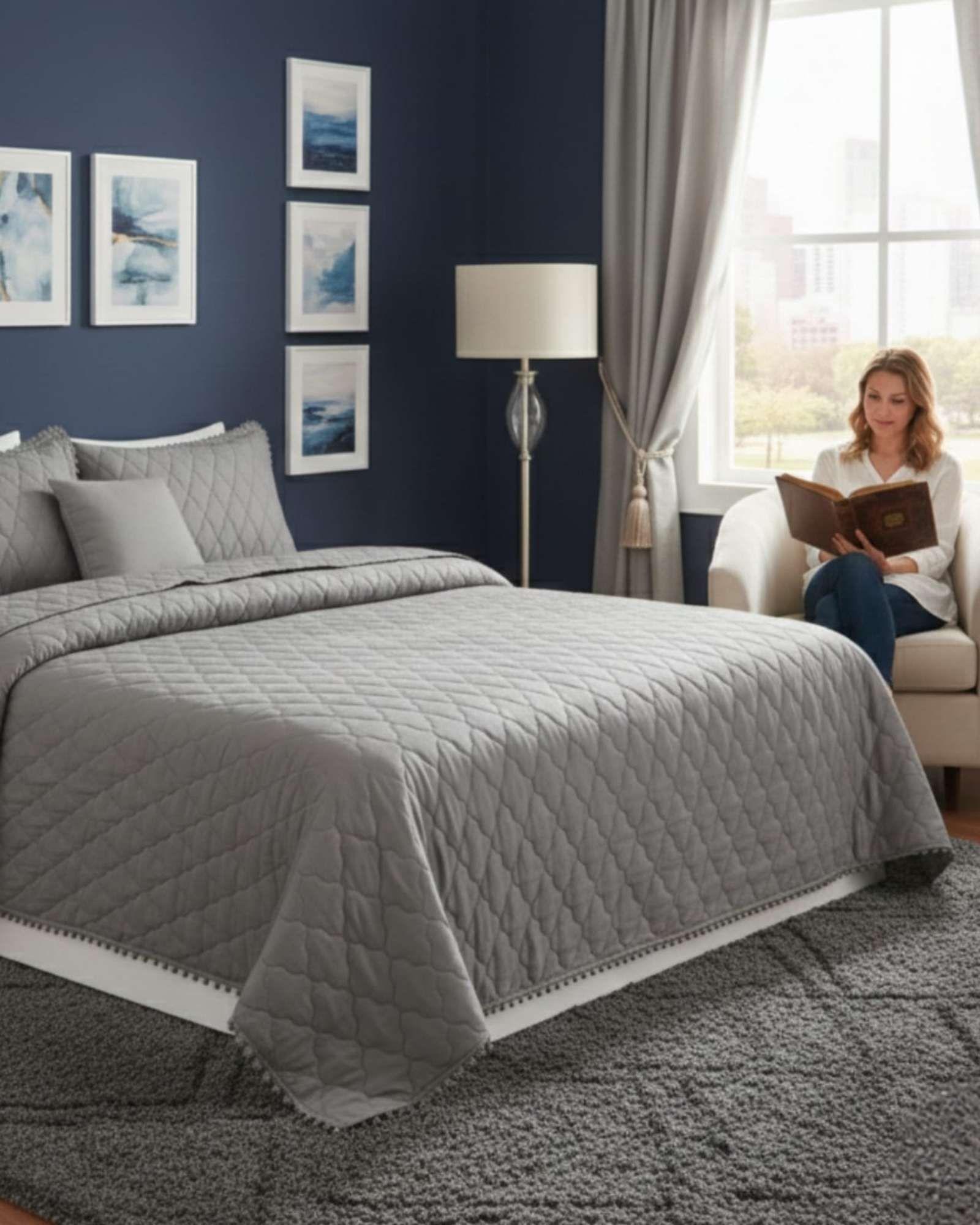 Cobertores de Verano-Primavera con Diseño de Pompon (2 plazas) gris-3