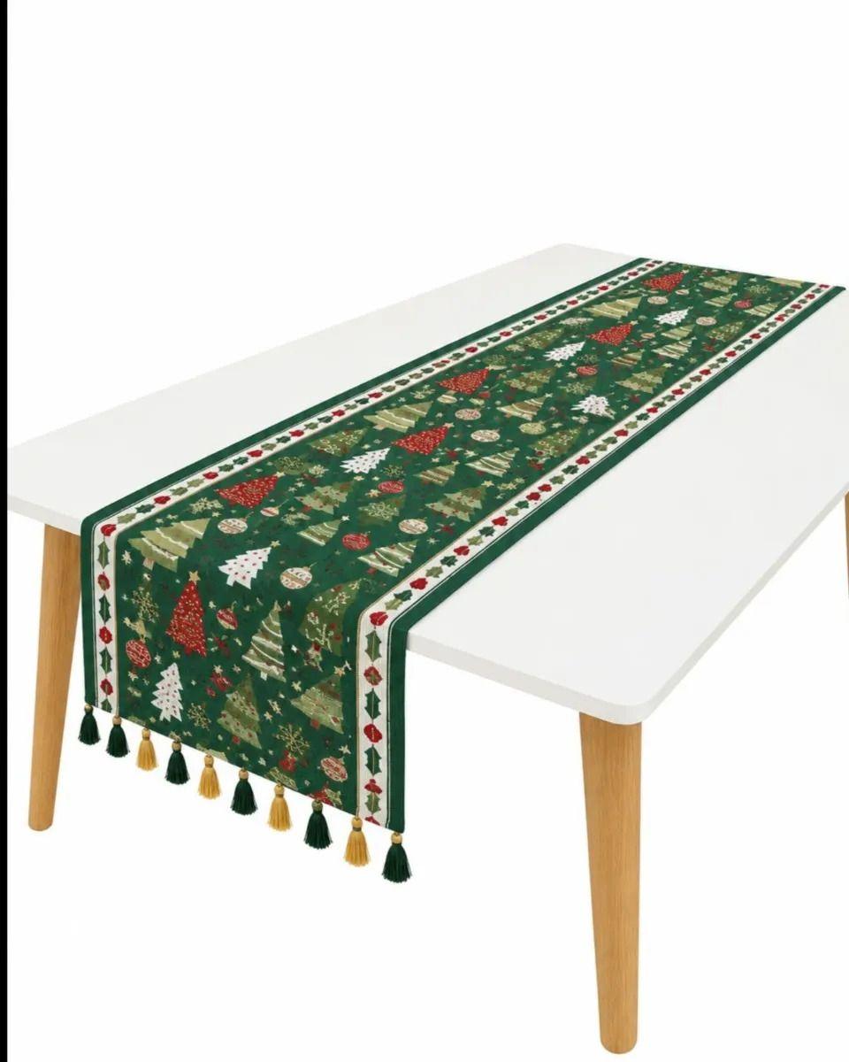 Camino de Mesa Navideño 33x180 cm Con Borlas Y Estampado Festivo m2-2