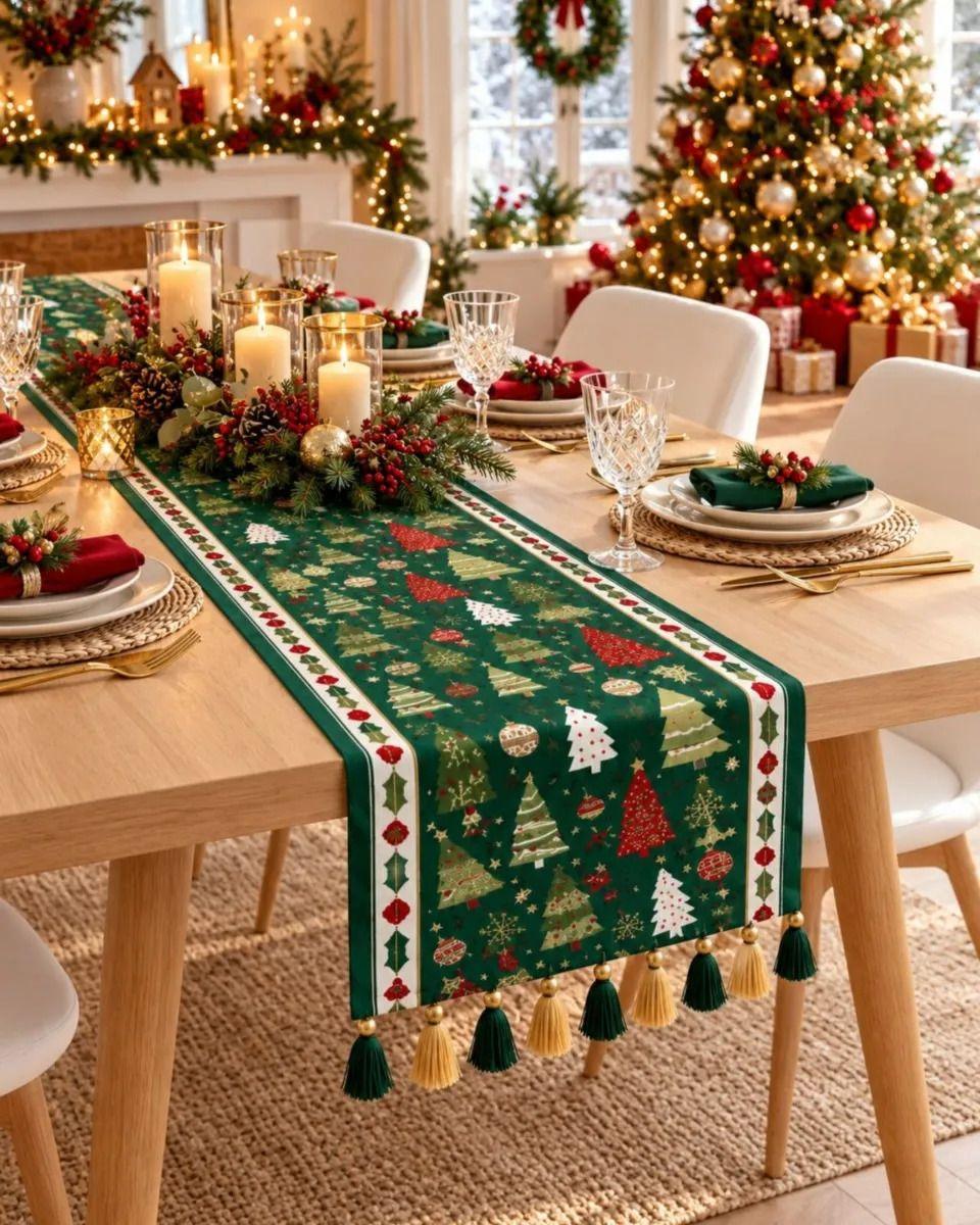 Camino de Mesa Navideño 33x180 cm Con Borlas Y Estampado Festivo m2-3