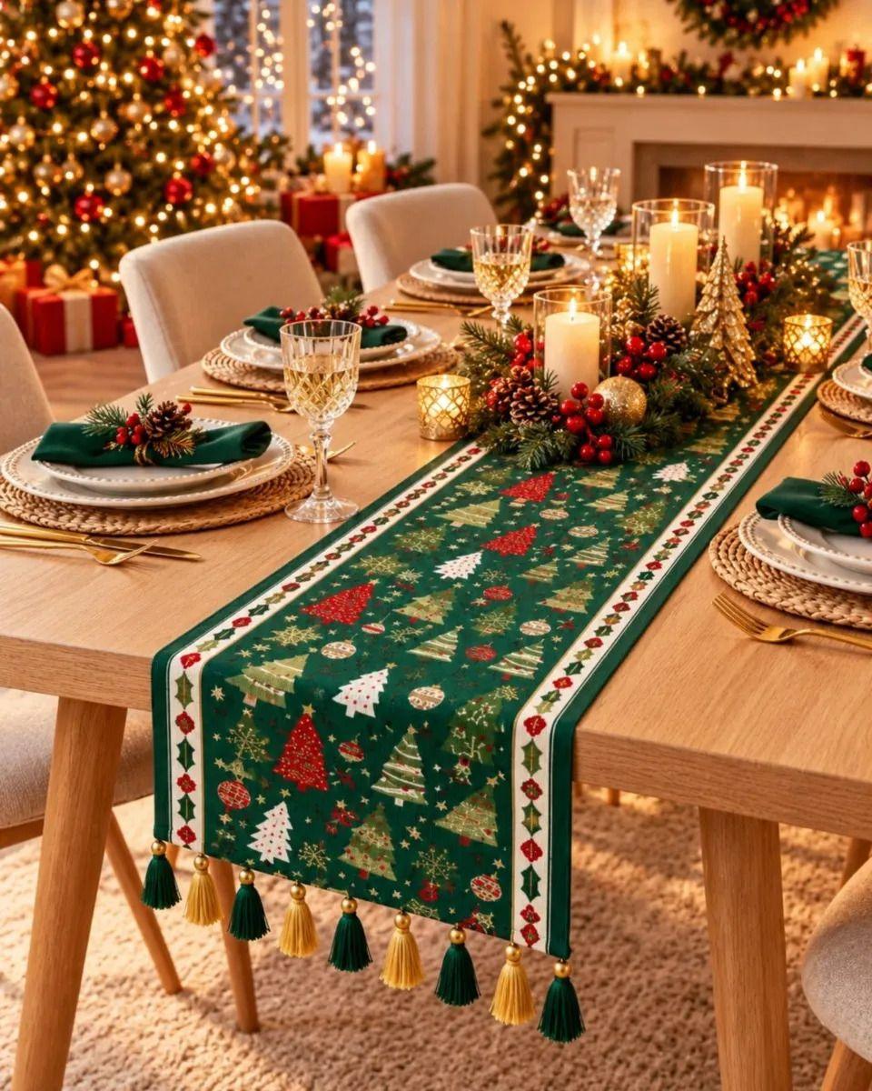 Camino de Mesa Navideño 33x180 cm Con Borlas Y Estampado Festivo m2-4