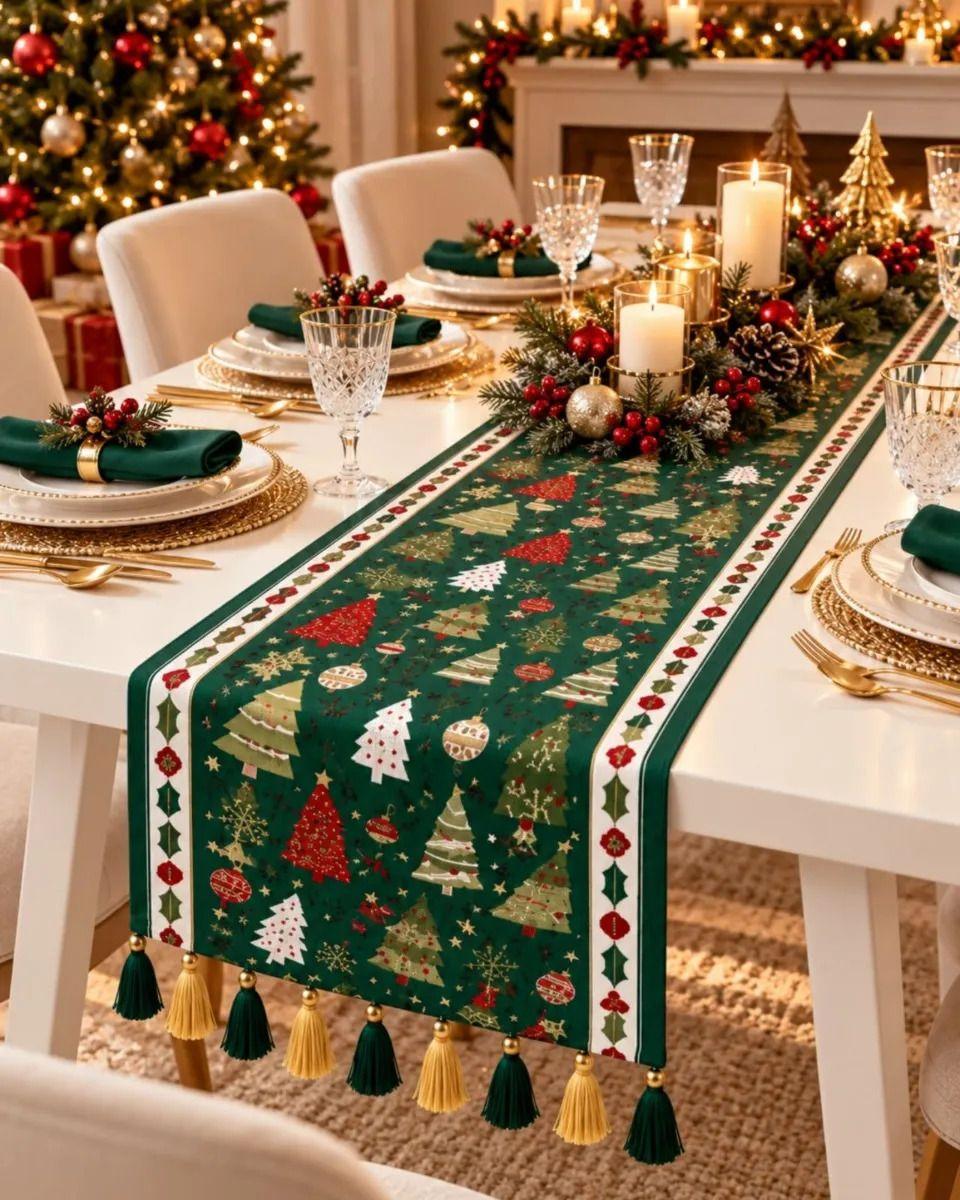 Camino de Mesa Navideño 33x180 cm Con Borlas Y Estampado Festivo m2-5