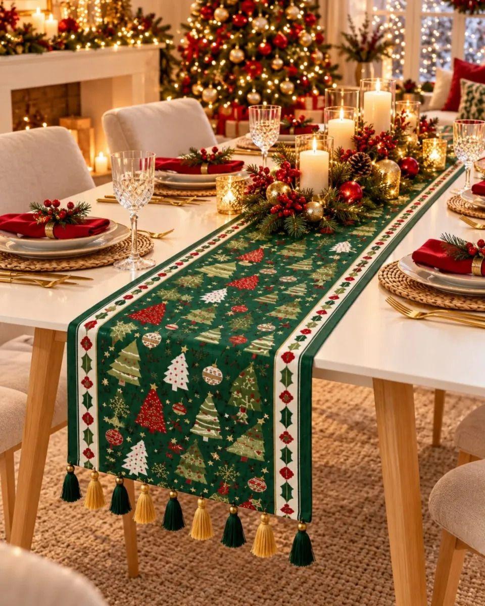 Camino de Mesa Navideño 33x180 cm Con Borlas Y Estampado Festivo m2-6