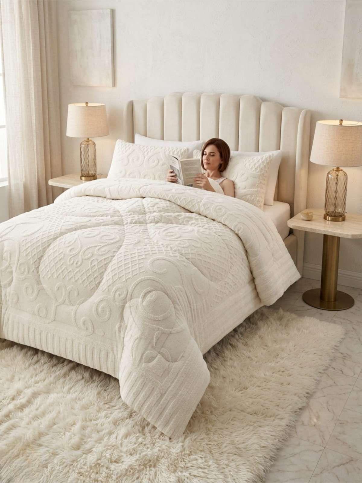 Cubrecama Plumón Jacquard Premium 2 Plazas Invierno Térmico blanco-1