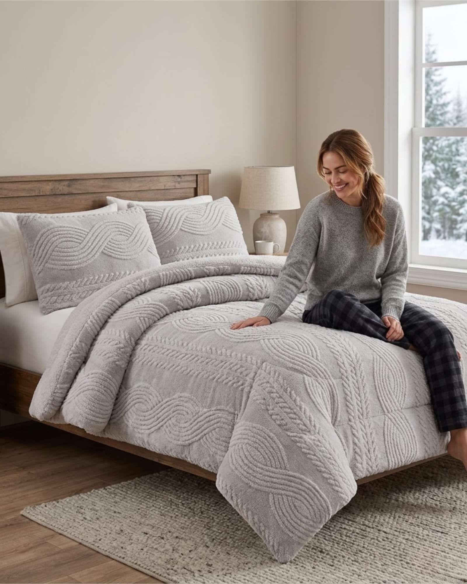 Cubrecama Trenzado Ultra Suave Invierno + Fundas gris claro-0
