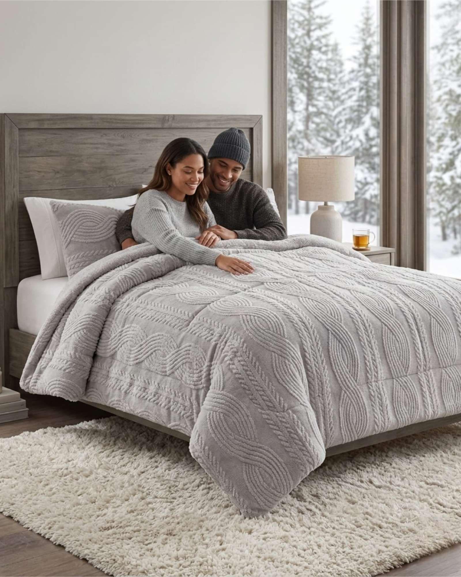 Cubrecama Trenzado Ultra Suave Invierno + Fundas gris claro-1