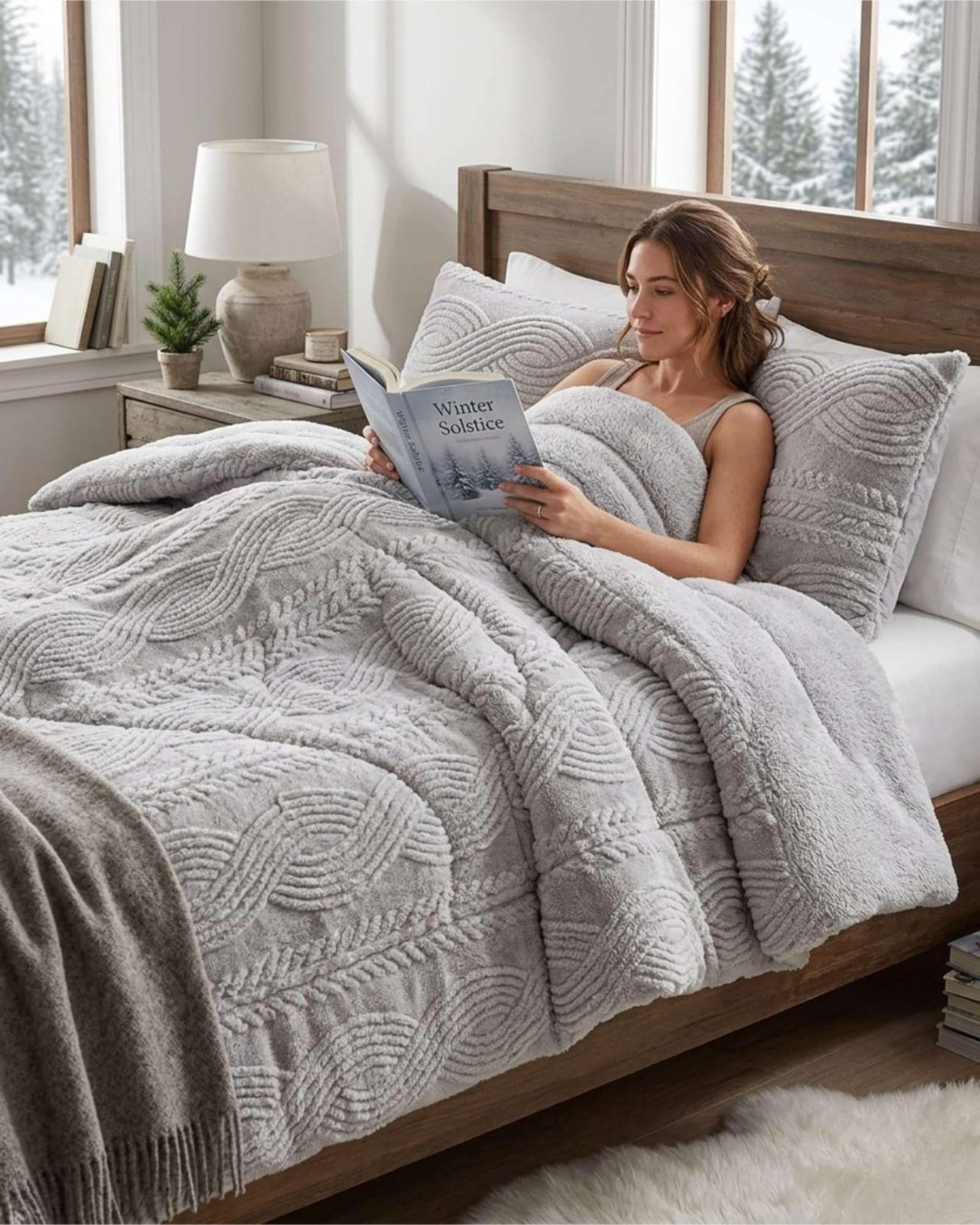 Cubrecama Trenzado Ultra Suave Invierno + Fundas gris claro-3