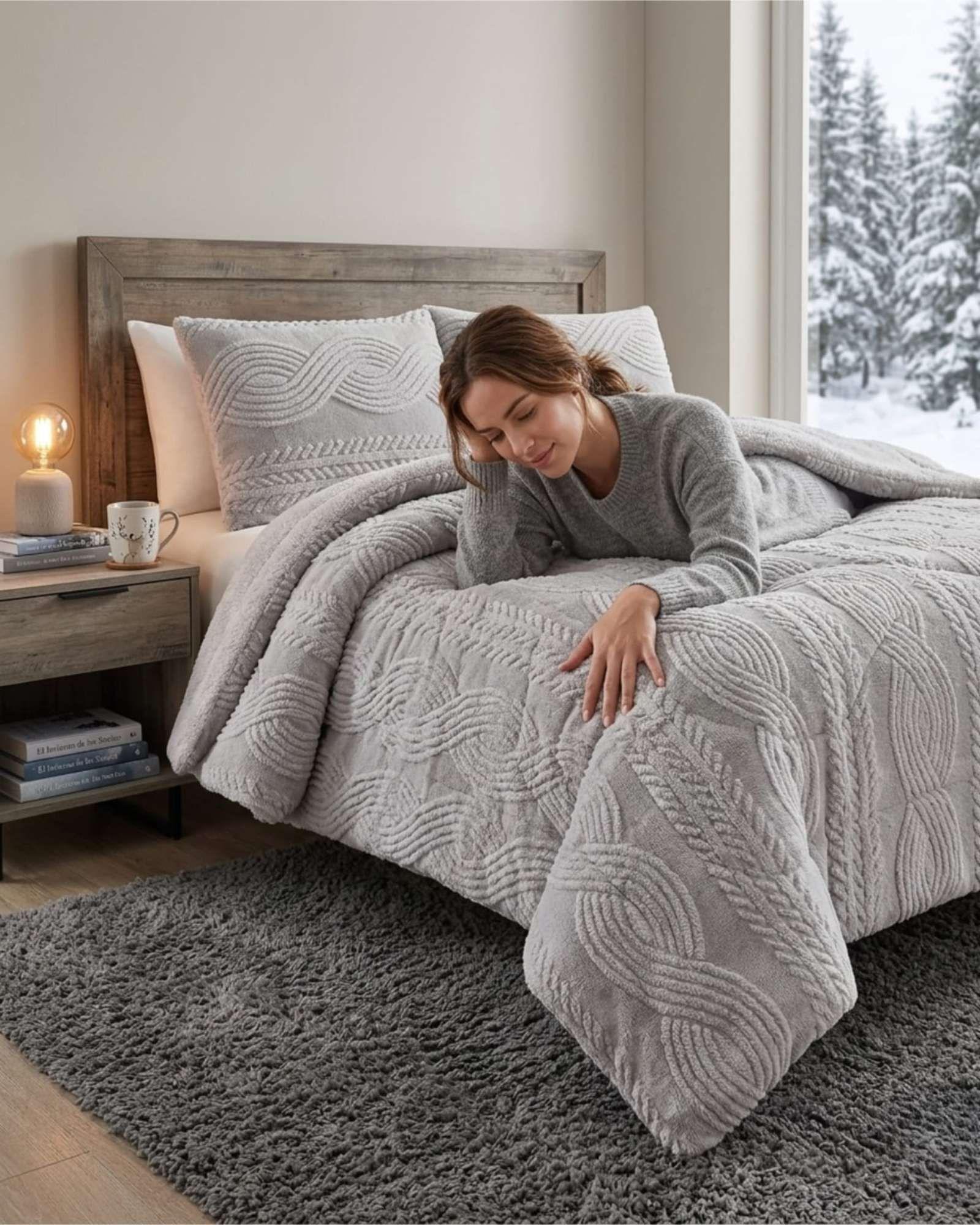 Cubrecama Trenzado Ultra Suave Invierno + Fundas gris claro-4