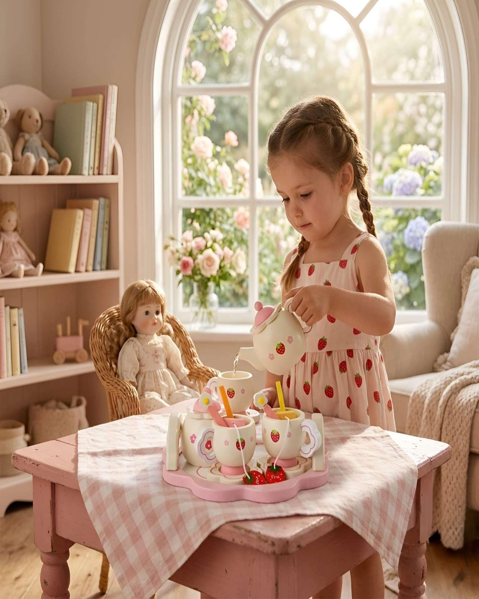 Set de Té de Madera Infantil Con Diseño De Fresas-4