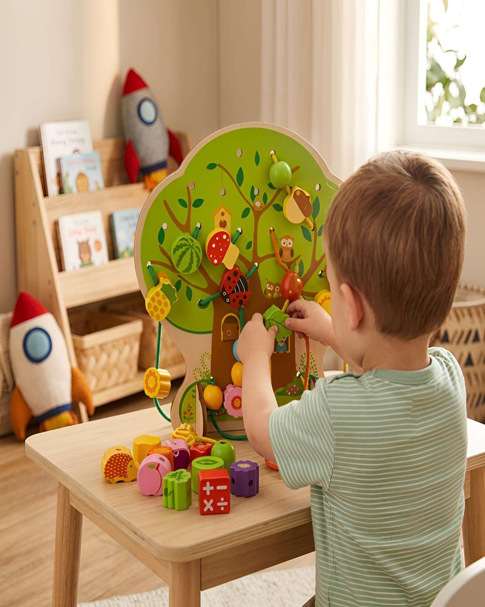 Juego de Enhebrado de Madera Árbol Montessori con Piezas de Frutas y Animales-4