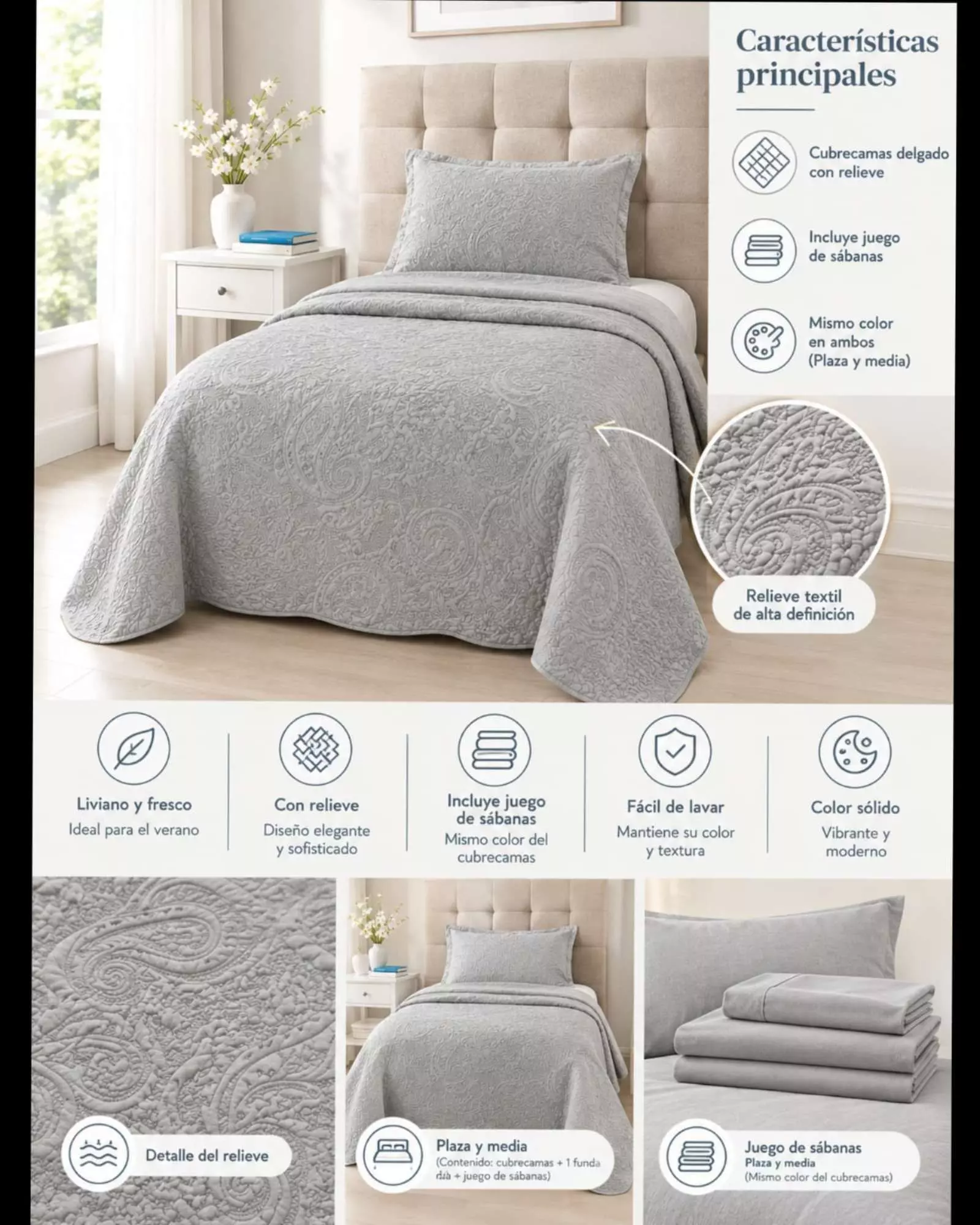 Set Cubrecama Quilt Verano Liso con Relieve + Juego de Sábanas 1.5 Plazas 01-4