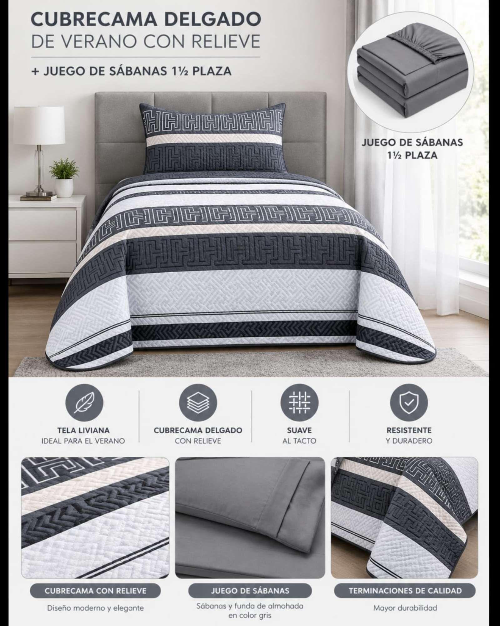 Juego Cubrecama Quilt Verano 1.5 Plazas + Juego De Sábanas 12-4