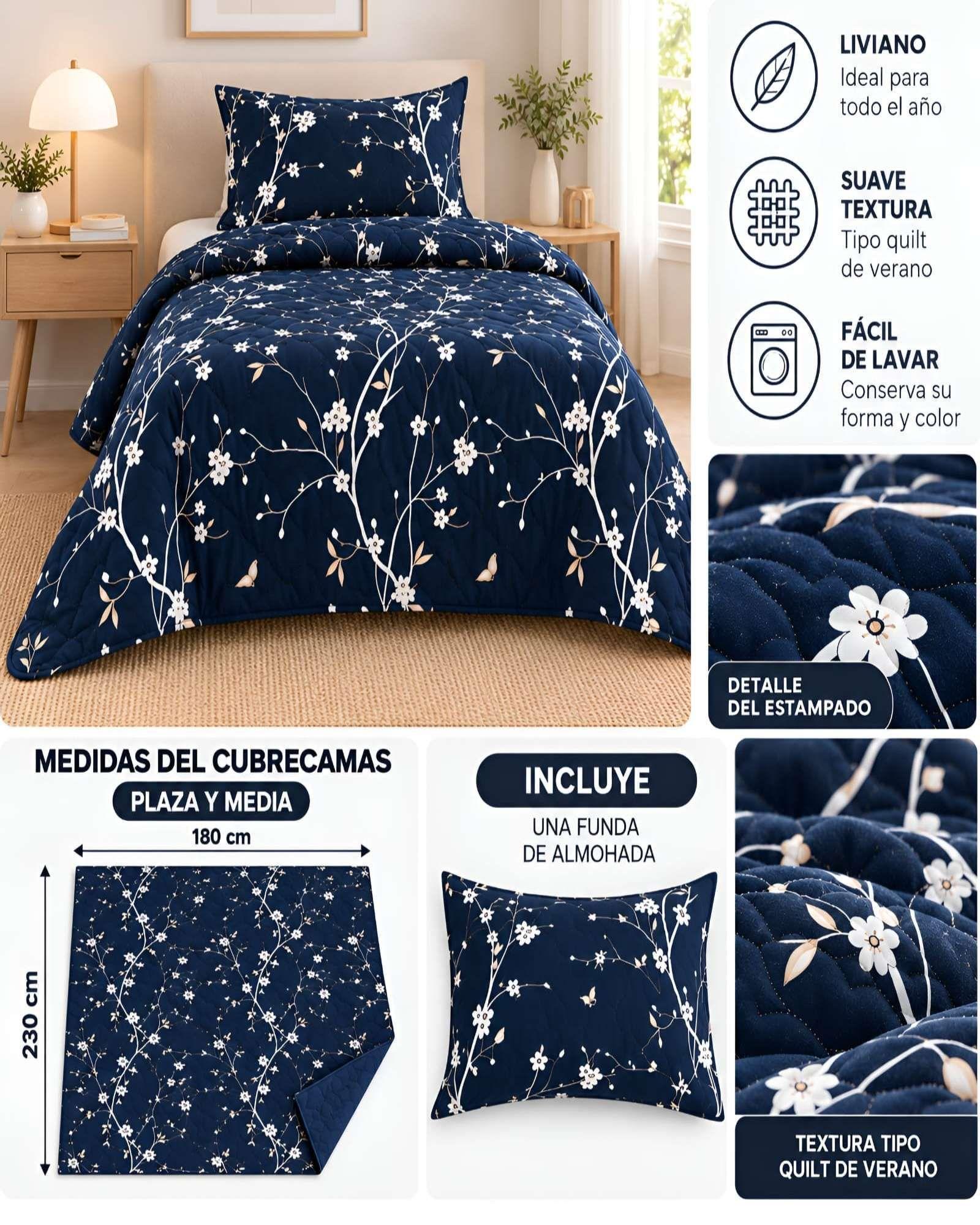 Set Quilt Verano 1.5 Plazas + Almohada + Funda De Almohada 11-5