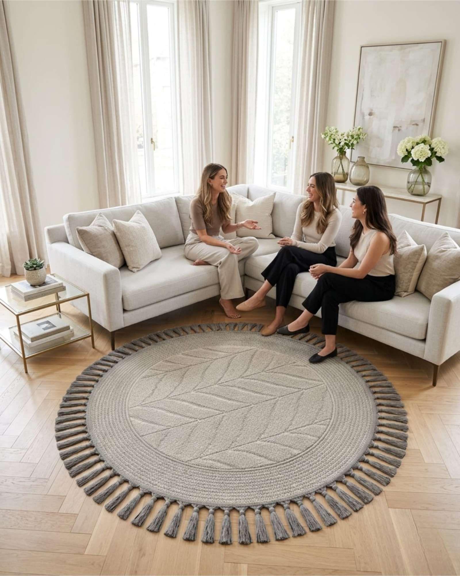 Alfombra Circular Estilo Nórdico de 1m con Flecos y Relieve m4-2