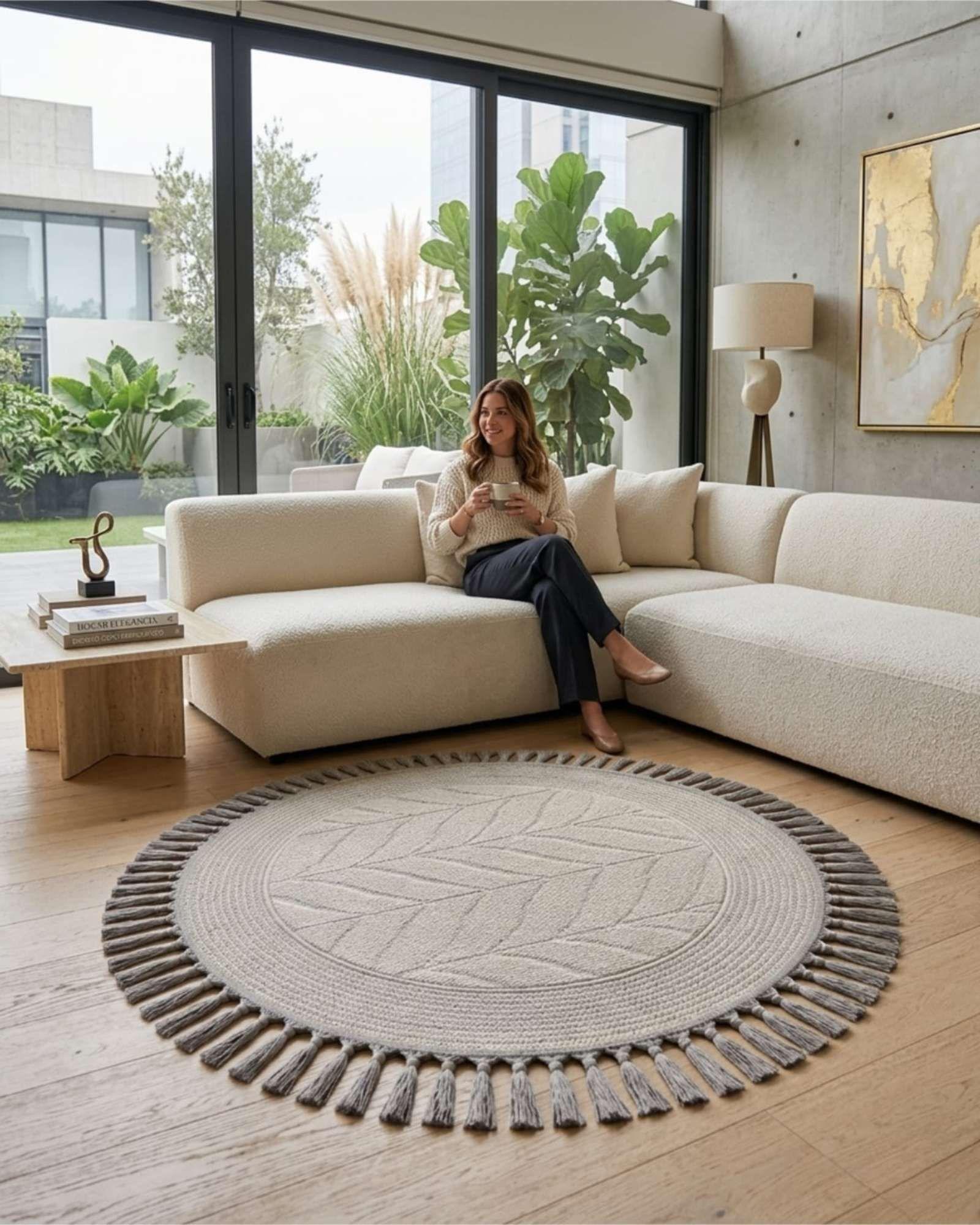 Alfombra Circular Estilo Nórdico de 1m con Flecos y Relieve m4-3