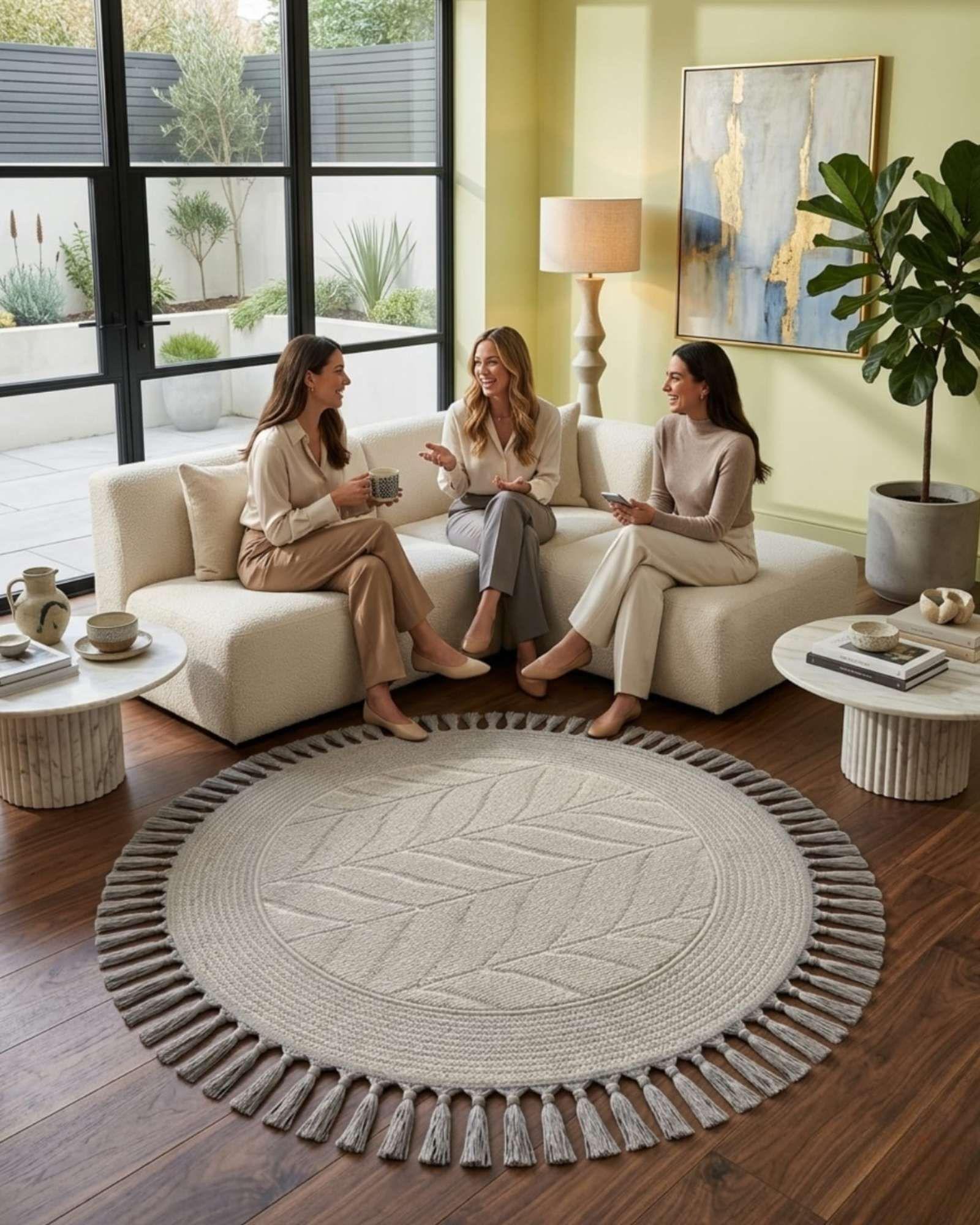 Alfombra Circular Estilo Nórdico de 1m con Flecos y Relieve m4-4