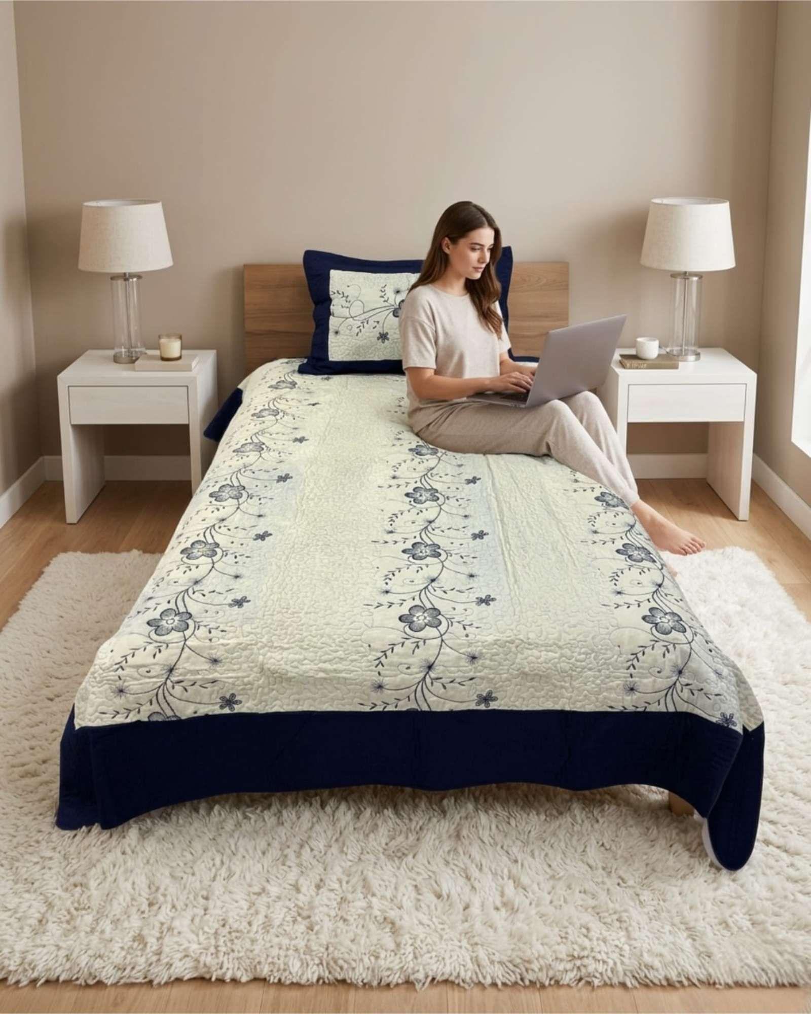 Cubrecama Quilt Verano Plaza y Media Bordado Floral Set Colcha Delgado a9-3