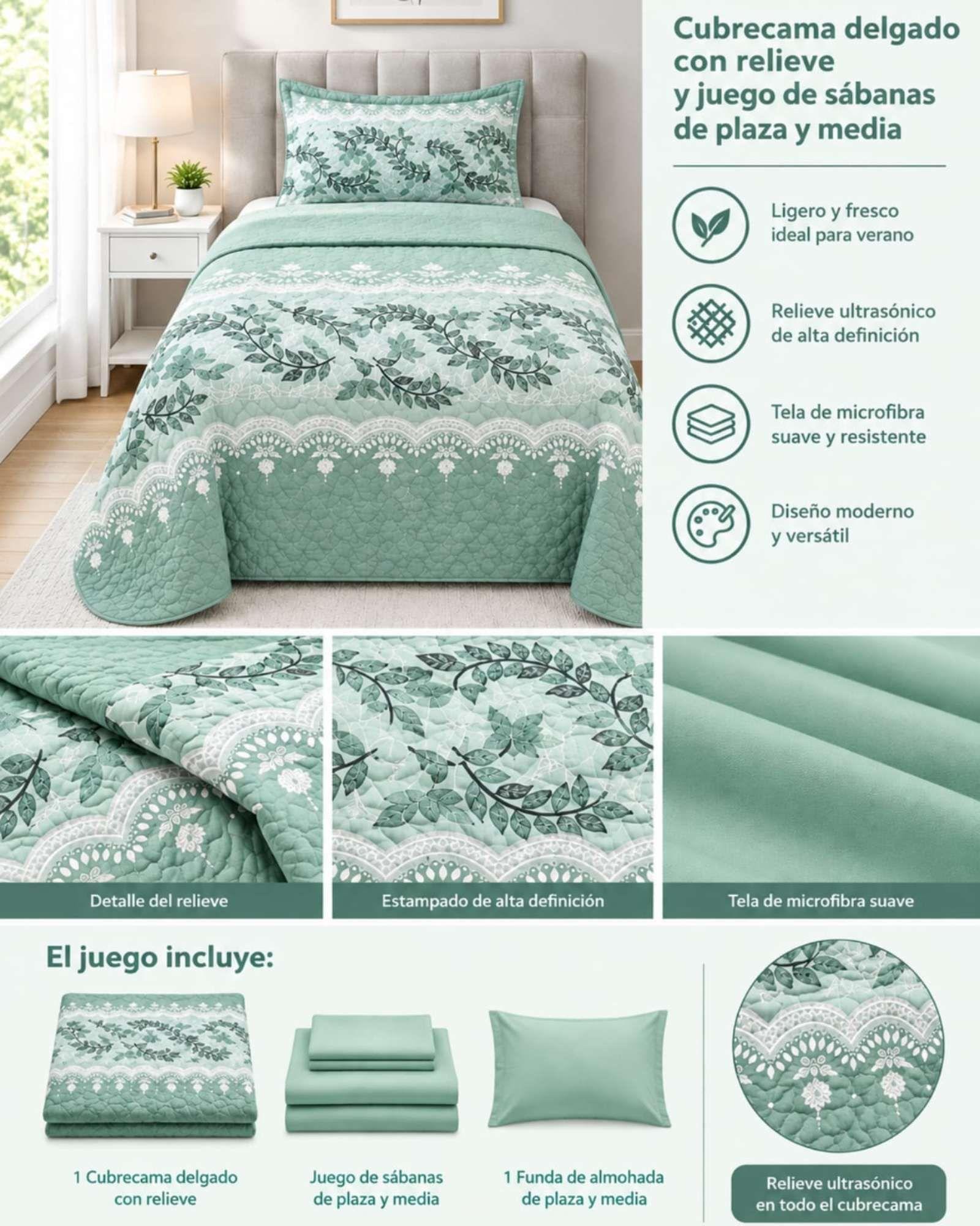 Juego Cubrecama Quilt Verano 1.5 Plazas + Juego De Sábanas 10-4