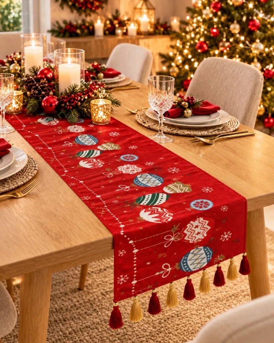 Camino de Mesa Navideño 33x180 cm Con Borlas Y Estampado Festivo m3-4
