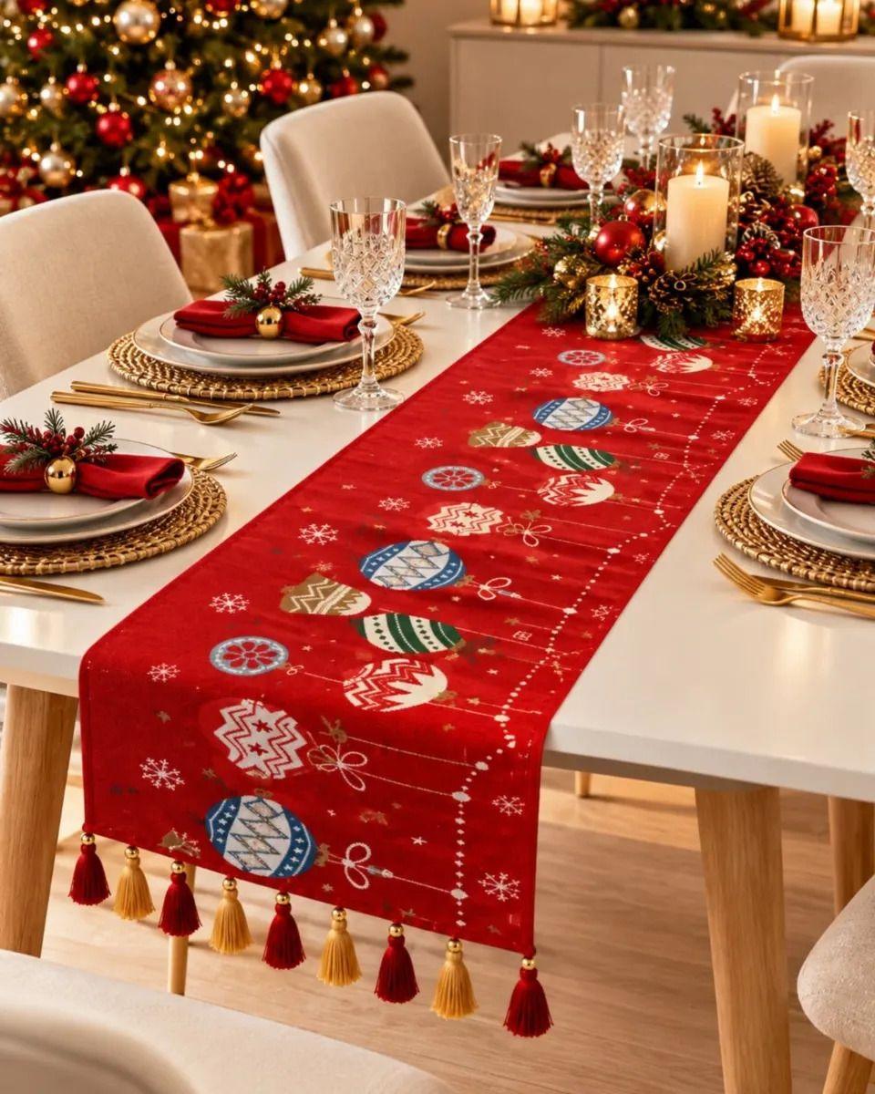 Camino de Mesa Navideño 33x180 cm Con Borlas Y Estampado Festivo m3-5