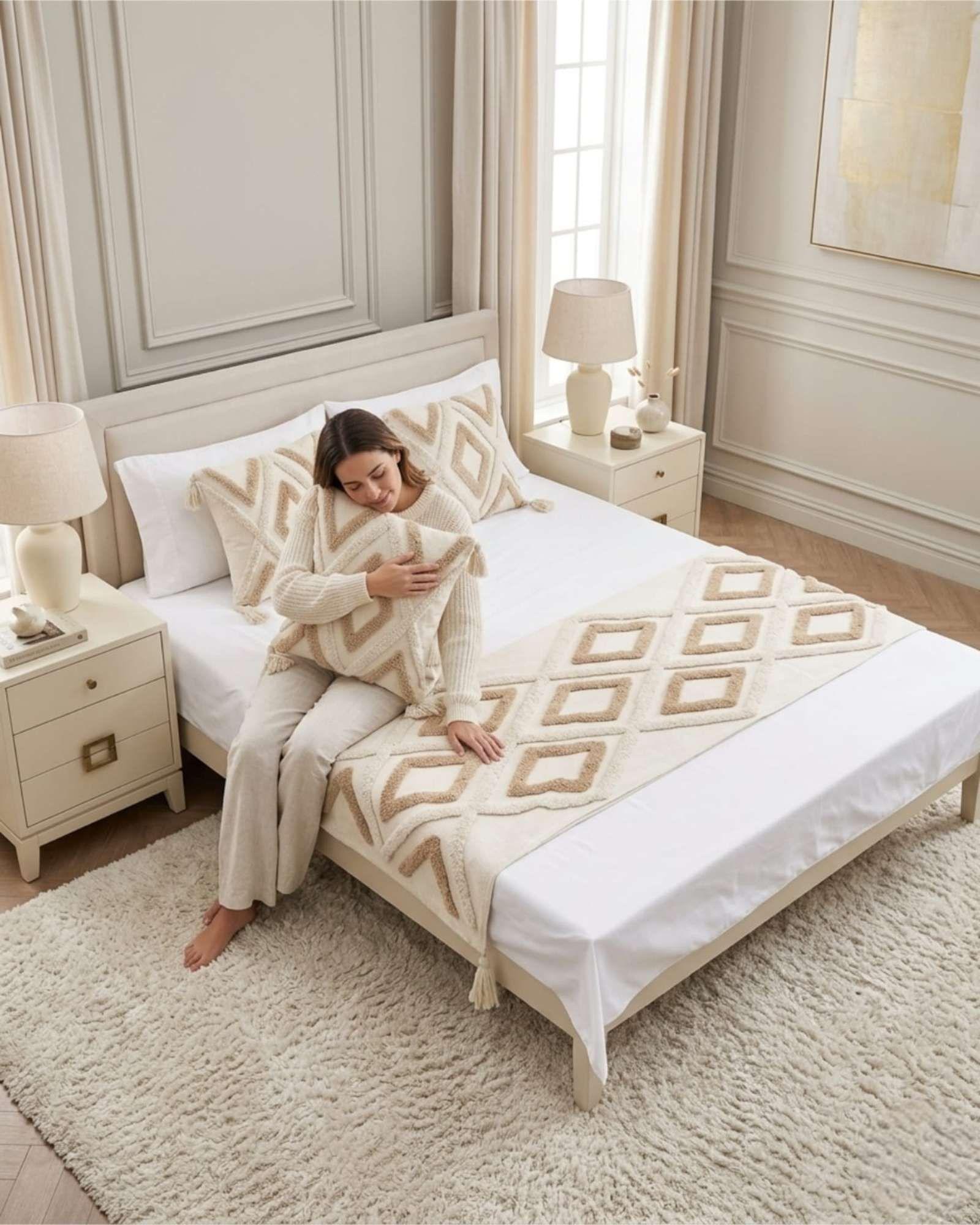 Piecera De Cama Boho Con Dos Fundas Cojin Bordado PF1-1