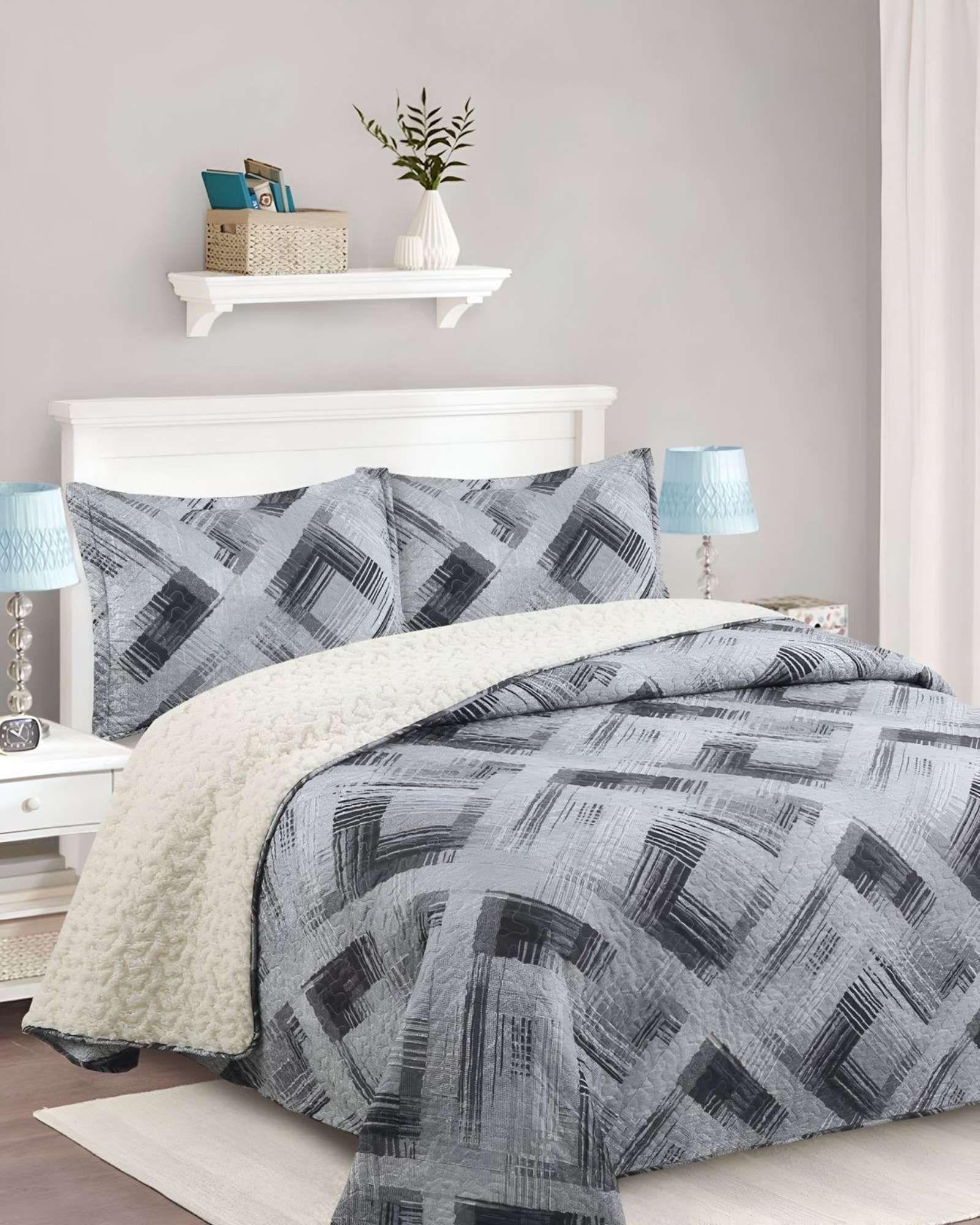 Cubrecama Quilt con sherpa plaza y media gris 180 x 230 cm J2-3